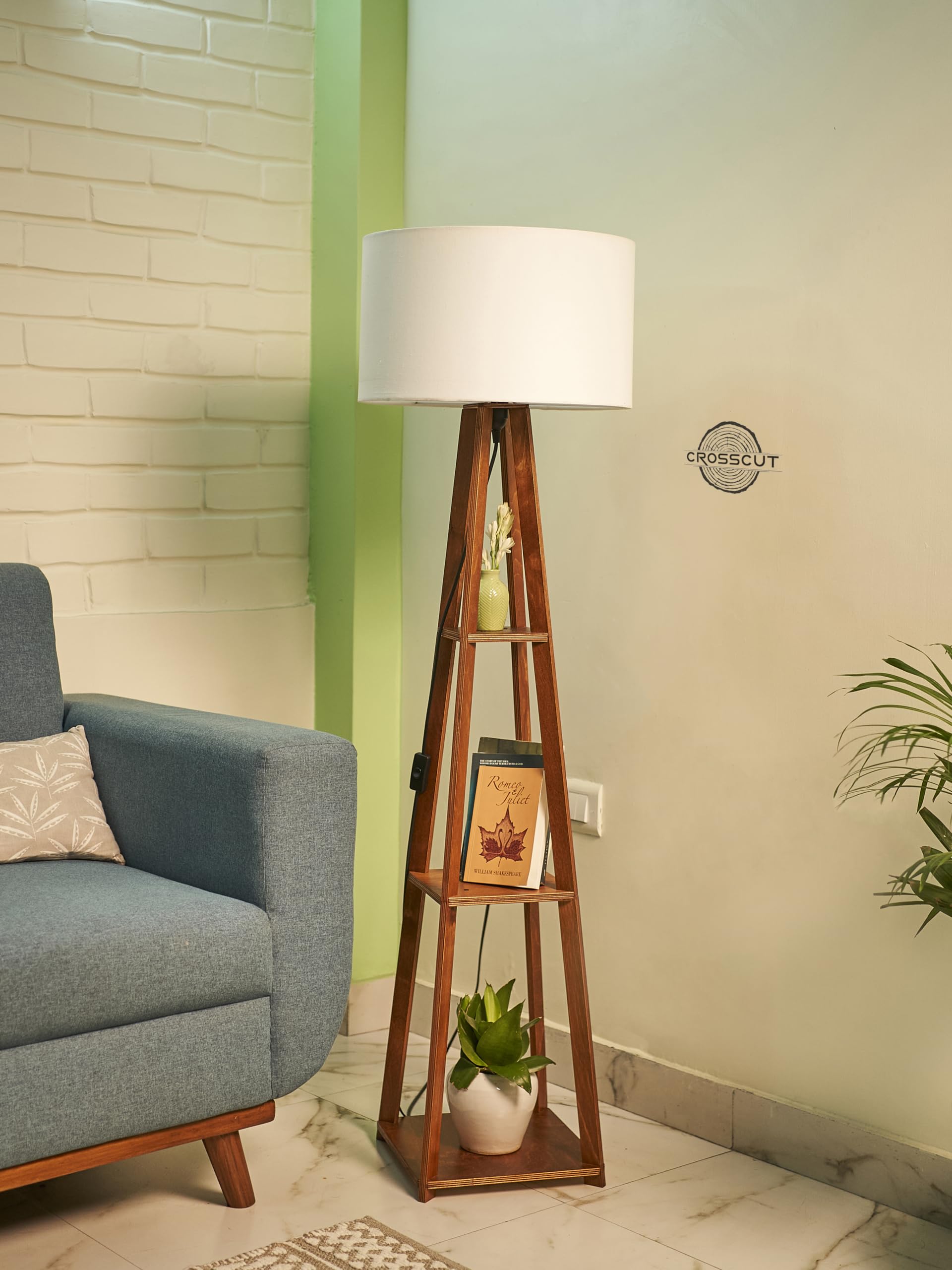 Crosscut Furniture Wooden Floor Lamp with shelf (Cotton White). LED bulb included