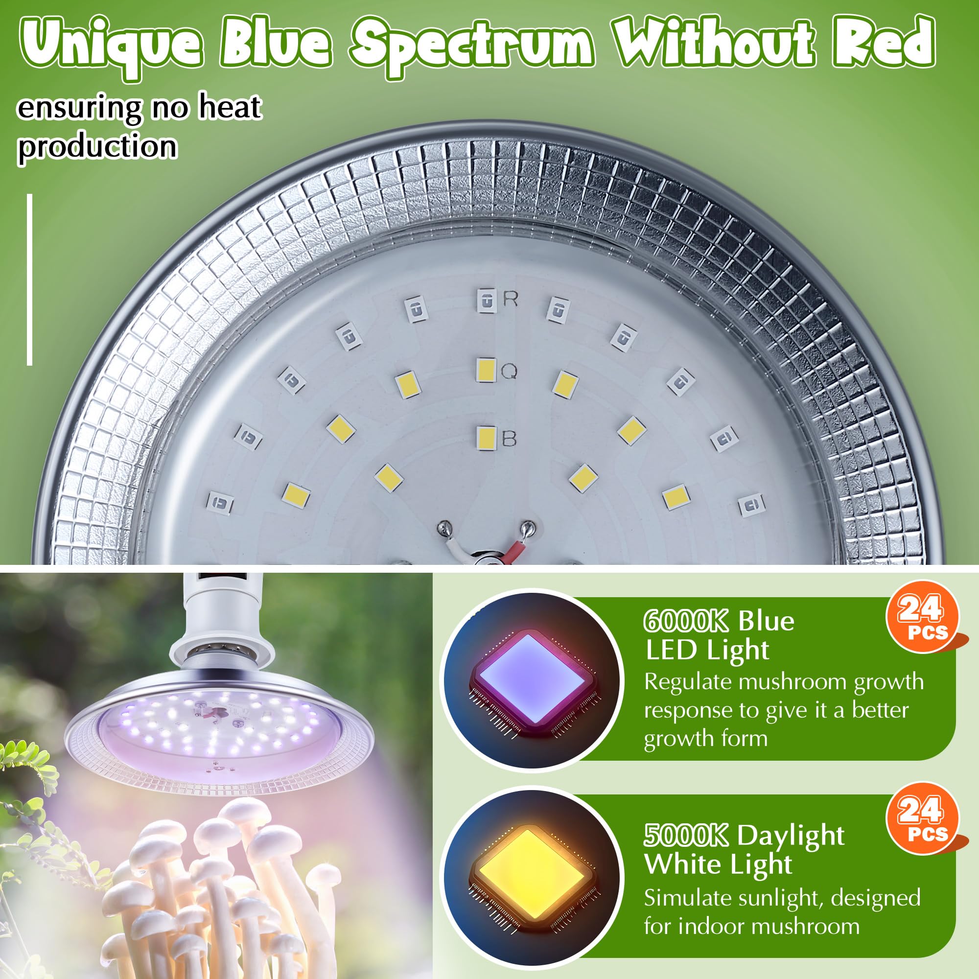 Meonum Led Mushroom Grow Light, 15W Dual Spectrum, 6000K Blue Light, 6.5 Ft Cord,