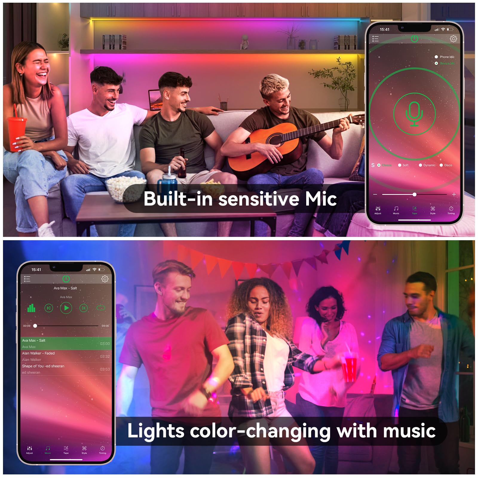 Shrightled Led Lights For Bedroom 130Ft (2 Rolls Of 65Ft) Music Sync Color Changing, Bluetooth Rgb Led Strip Lights With Remote