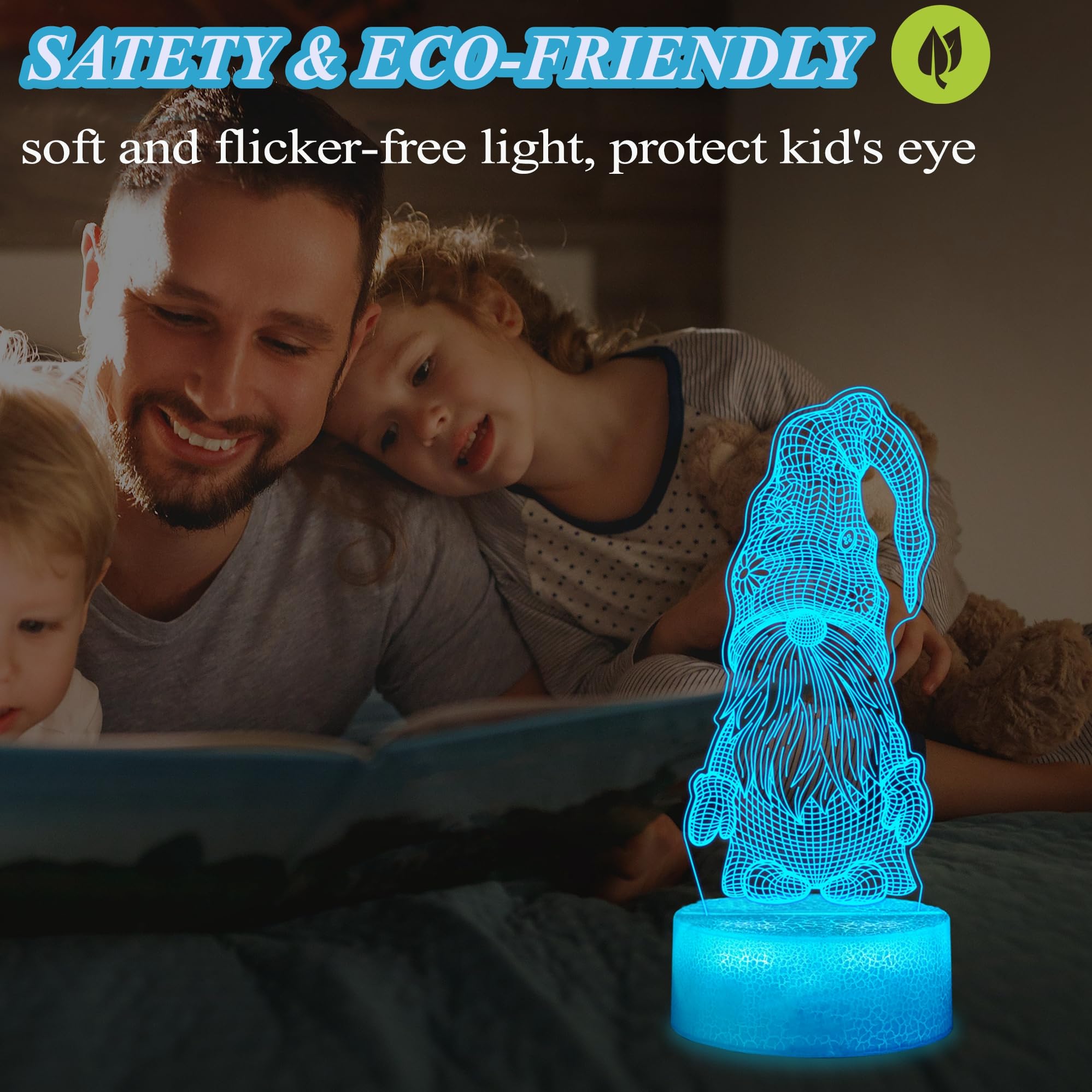 POSSHE Gnome Night Light - 3D Illusion Lamp with 16 Colors, Remote Control, Kids Room Decoration, Model MY-3D LAMP-CRACK, Color 15