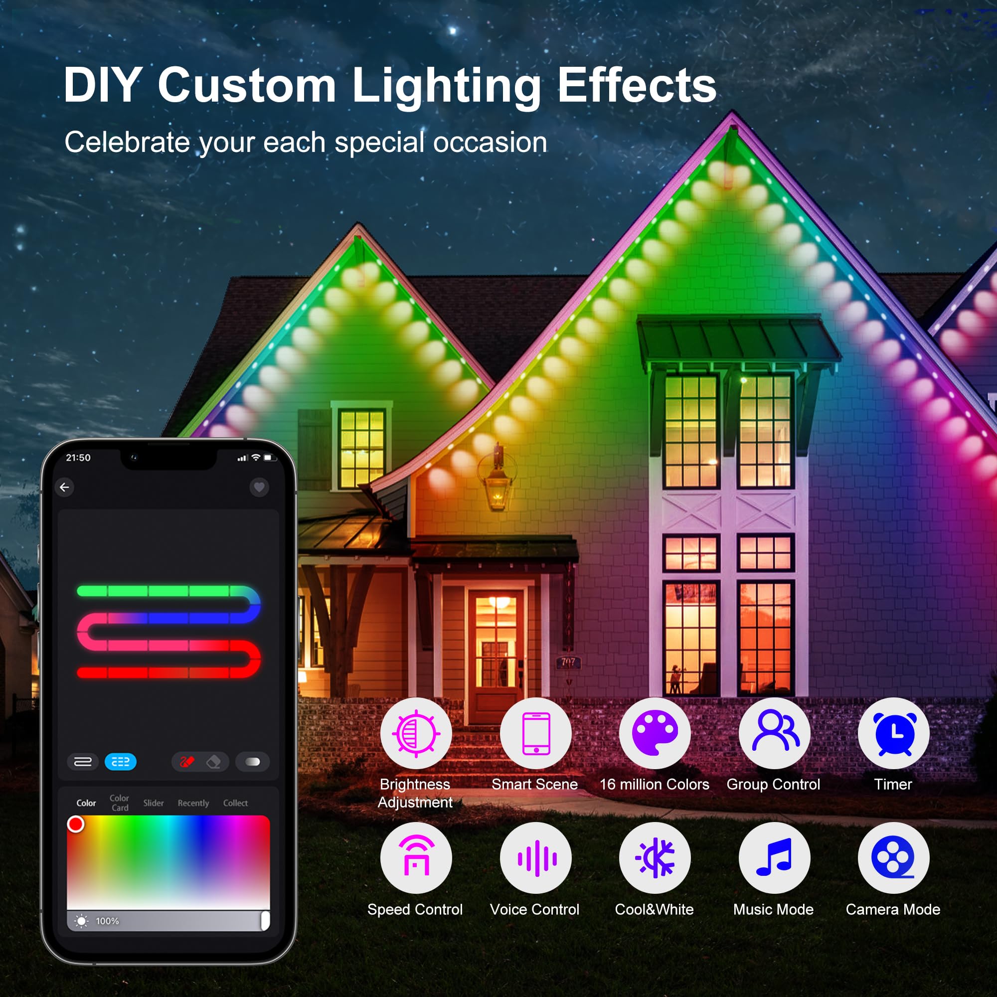 Umidkin Permanent Outdoor Lights  100Ft Rgb Outdoor Christmas Lights With 72 Led Lights  Ip67 Waterproof Led Eaves Lights With Diy Scene Modes For Halloween Decor  Smart App & Remote Control