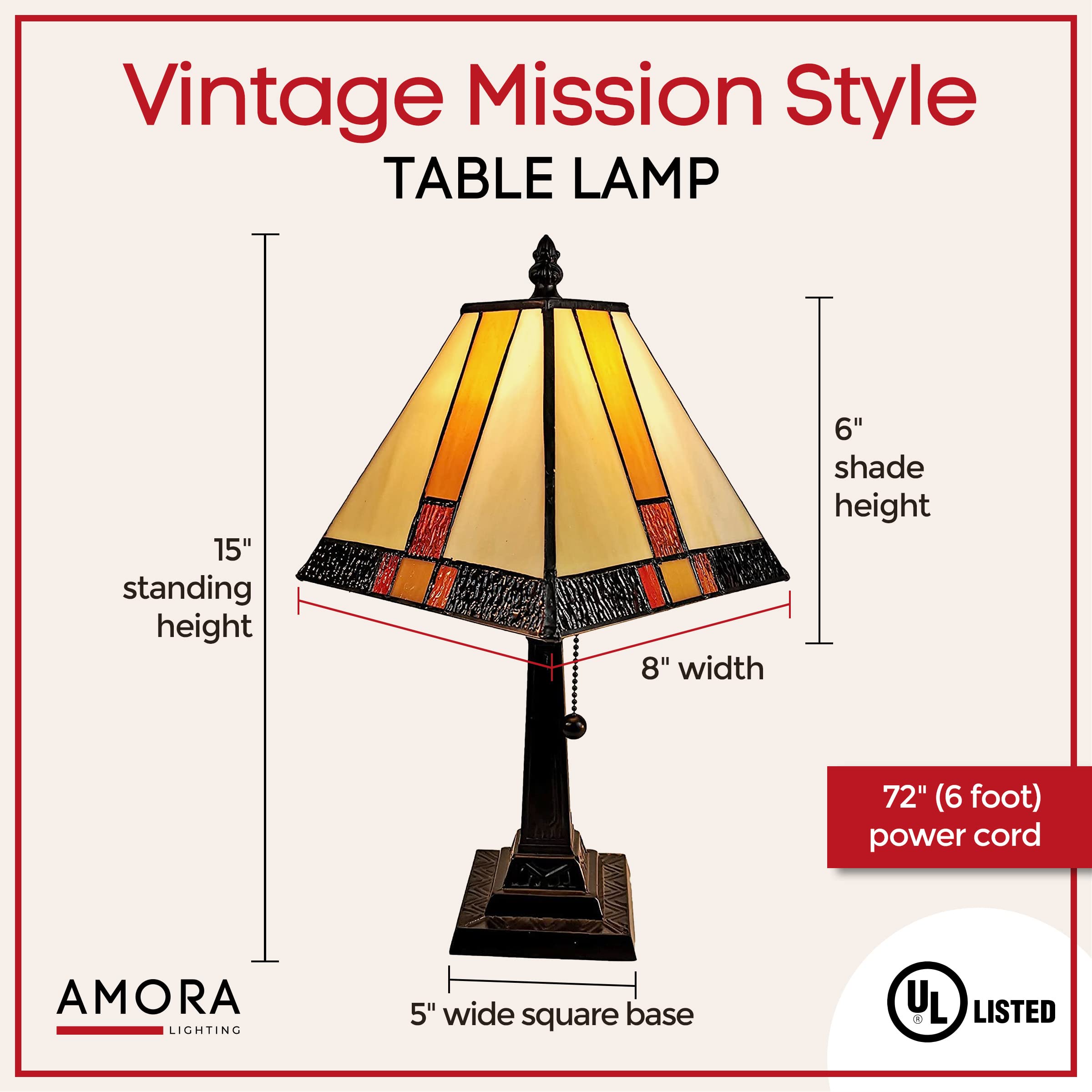 Amora Tiffany Table Lamp - 15” Stained Glass Nightstand Light - Yellow & Tan, Medium Size, Model AM208TL08B