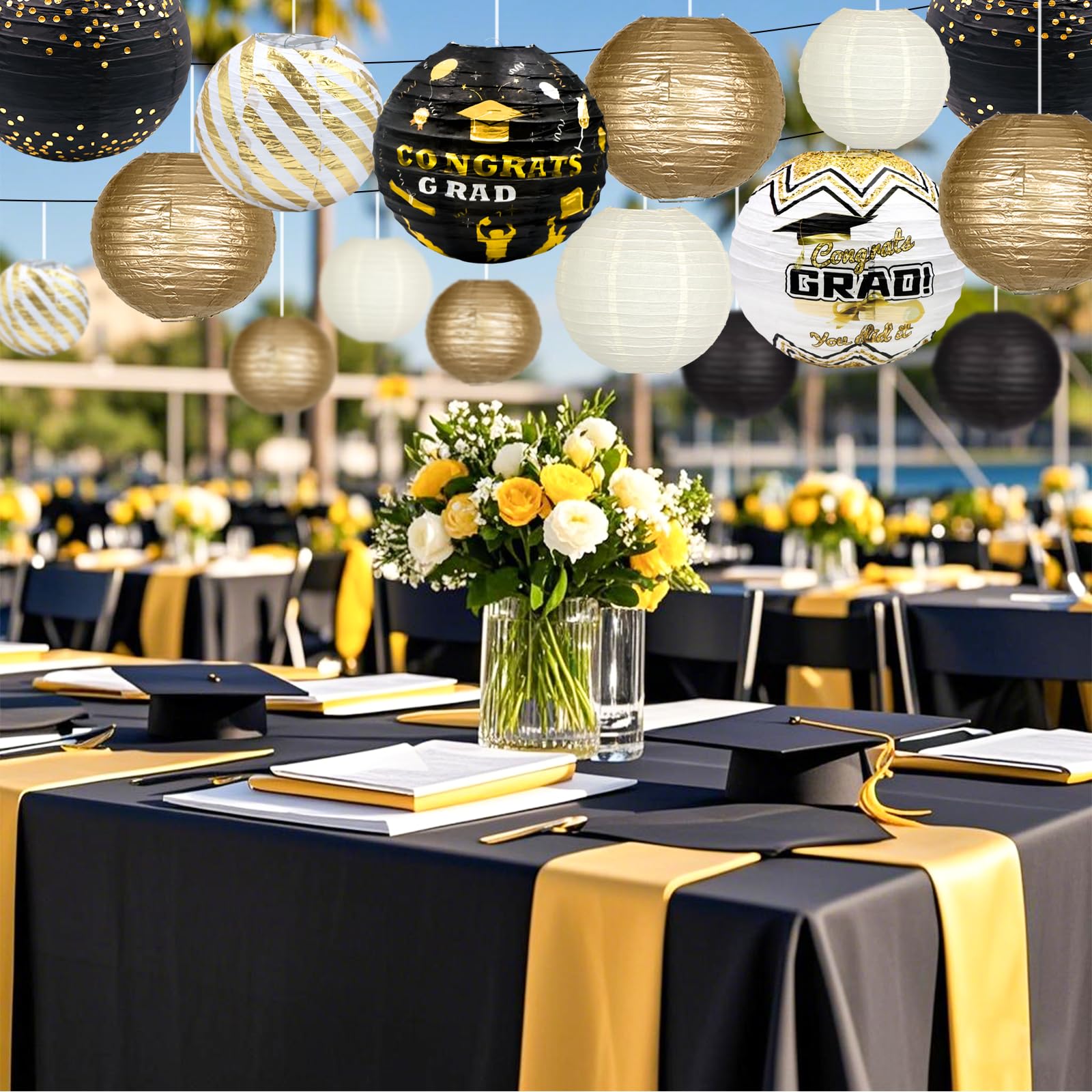 Adlkgg Graduation Paper Lanterns Party Decorations, Black And Gold Hanging Paper Lanterns For Class Of 2025 Decorations, Congrat