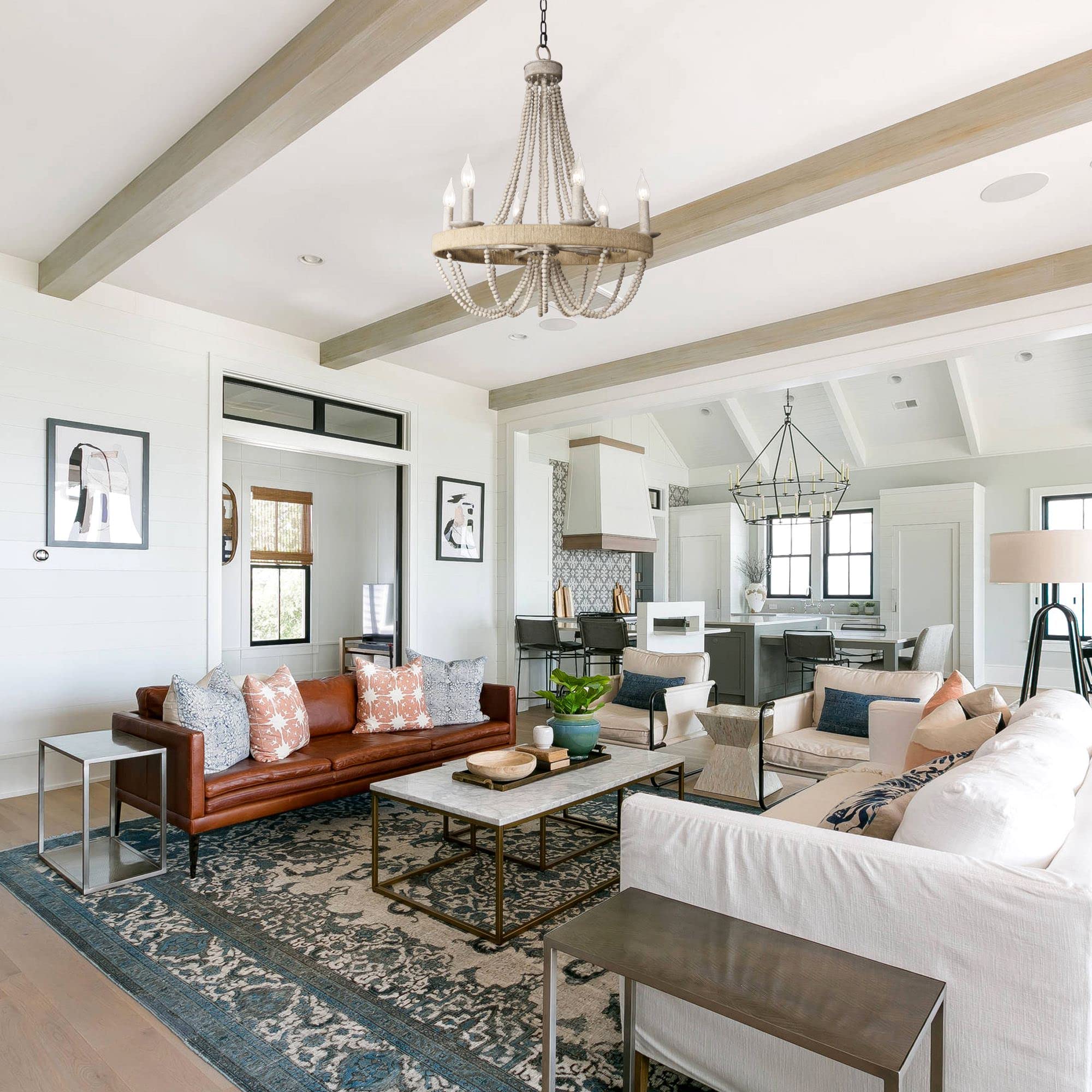 Rustic Chandelier With Wood Beads & Rope, 6-Light Farmhouse Boho Ceiling Light, Adjustable Chain (39.4''), Iron/Wood/Jute Rope,
