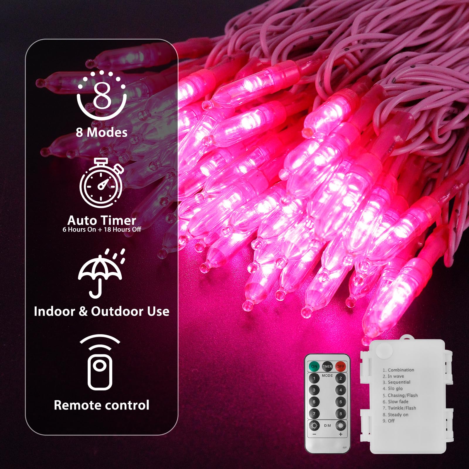 Filltown Pink Lights Battery Operated String Lights, 33Ft 100 Led With Auto Timer & 8 Modes & Remote Control, Shatterproof Waterproof For Outdoor Indoor Valentine'S Day Wedding Party Home