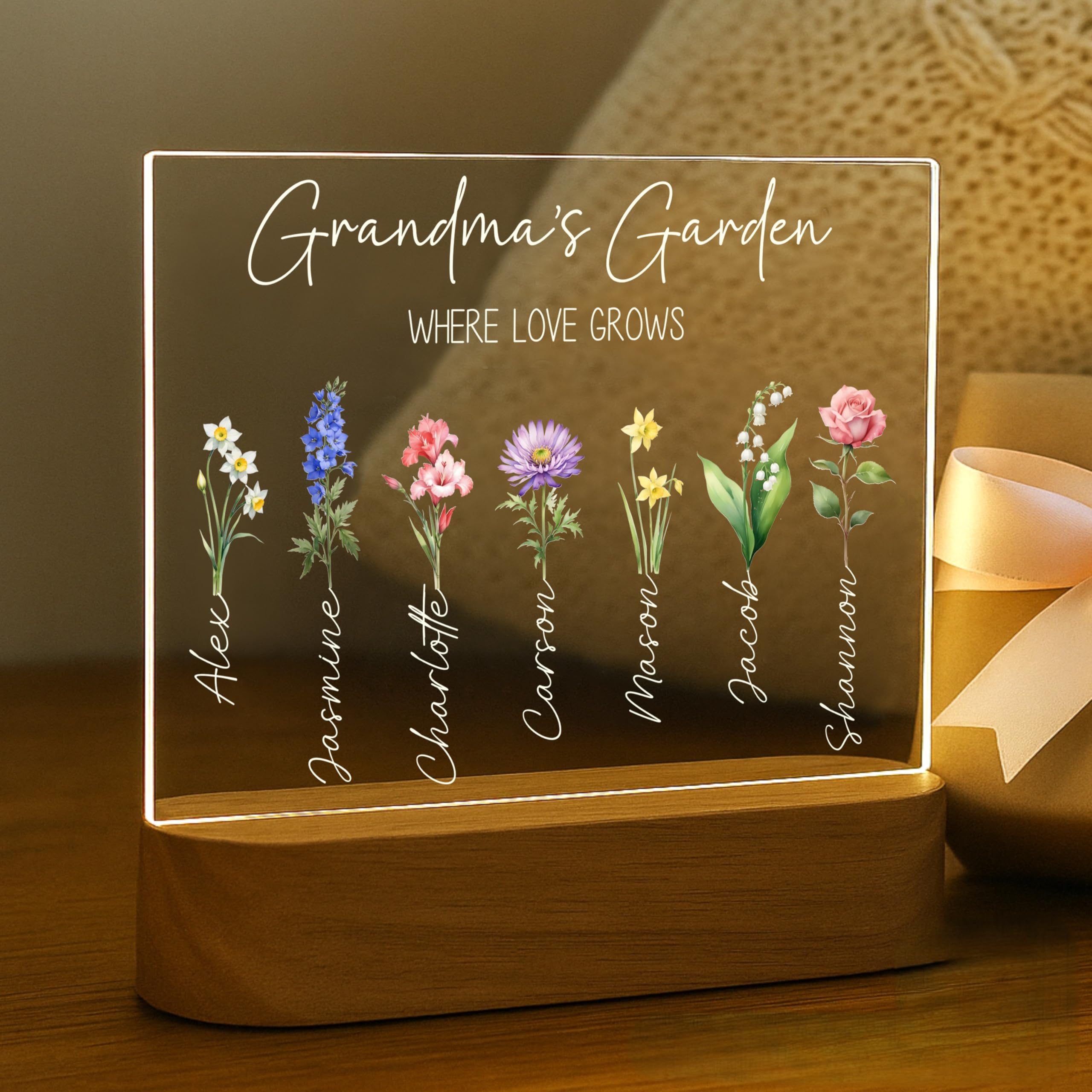 Grandmas Garden LED Night Light | Personalized Mothers Day Gifts for Mom | Customizable Lamp, Birth Month Flower Decor with 7 Na