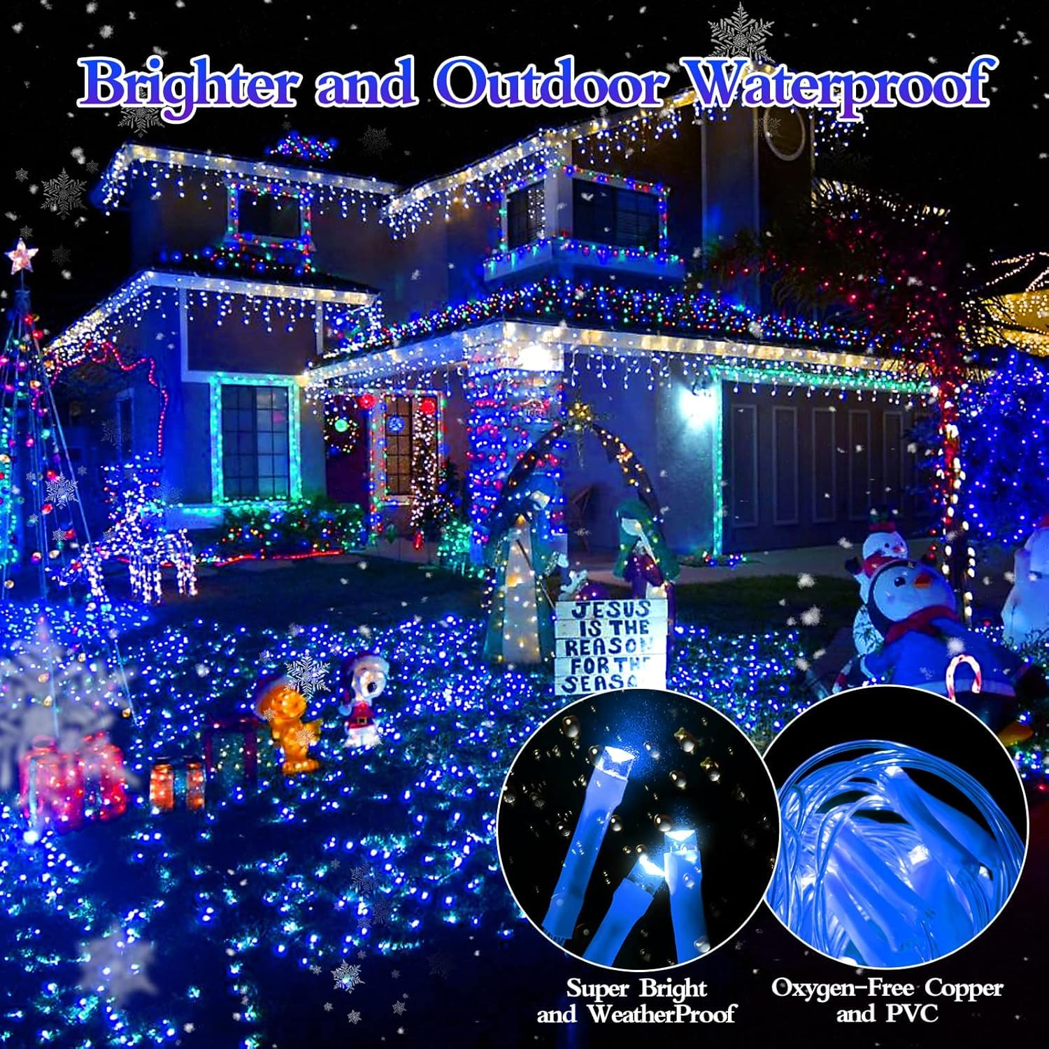 FLVOECN Christmas Lights 960 LED 98FT Blue Waterproof Indoor/Outdoor Curtain String Lights with Timer, Dimmable, Model YQS-200L