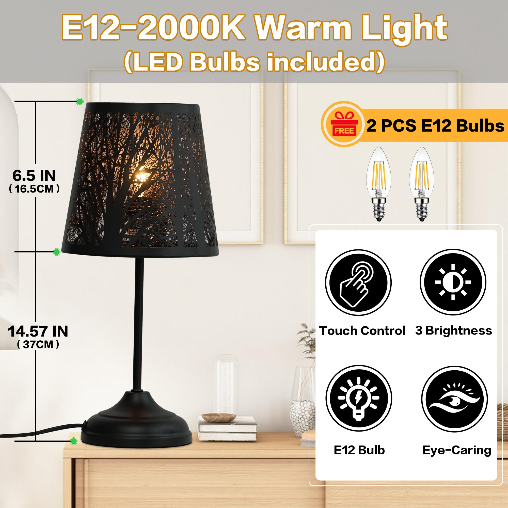 Zqqlite Touch Control Table Lamp, Led Lights Mini Lamps With Pattern Of Trees For Nightstand, 3-Levels Brightness, Lamp For Bedroom, Bedside Lamps, Desk Lamps For Home, Living Room, Office (Black)
