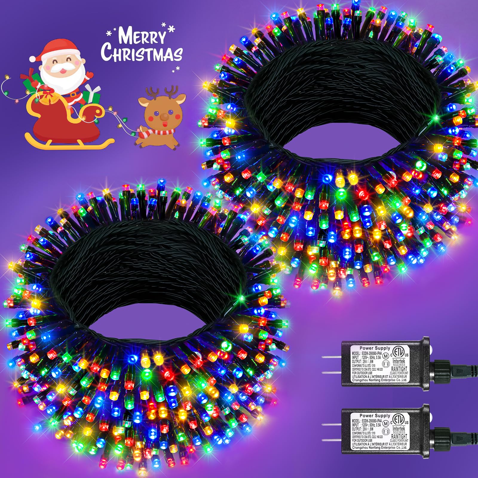 2 Pack Christmas Lights Outdoor  Total 200FT 600LED Christmas Tree Lights with 8 Modes Waterproof  Green Wire String Lights for Outside Patio Yard Tree Wedding Holiday Decorations  Multicolor