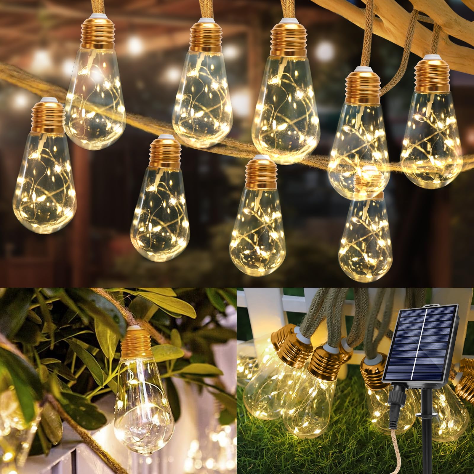 TUODAW Solar String Lights, 26FT Vintage Rope Hemp, 8 Modes, Remote Control, Warm White, Waterproof, Model 20240406