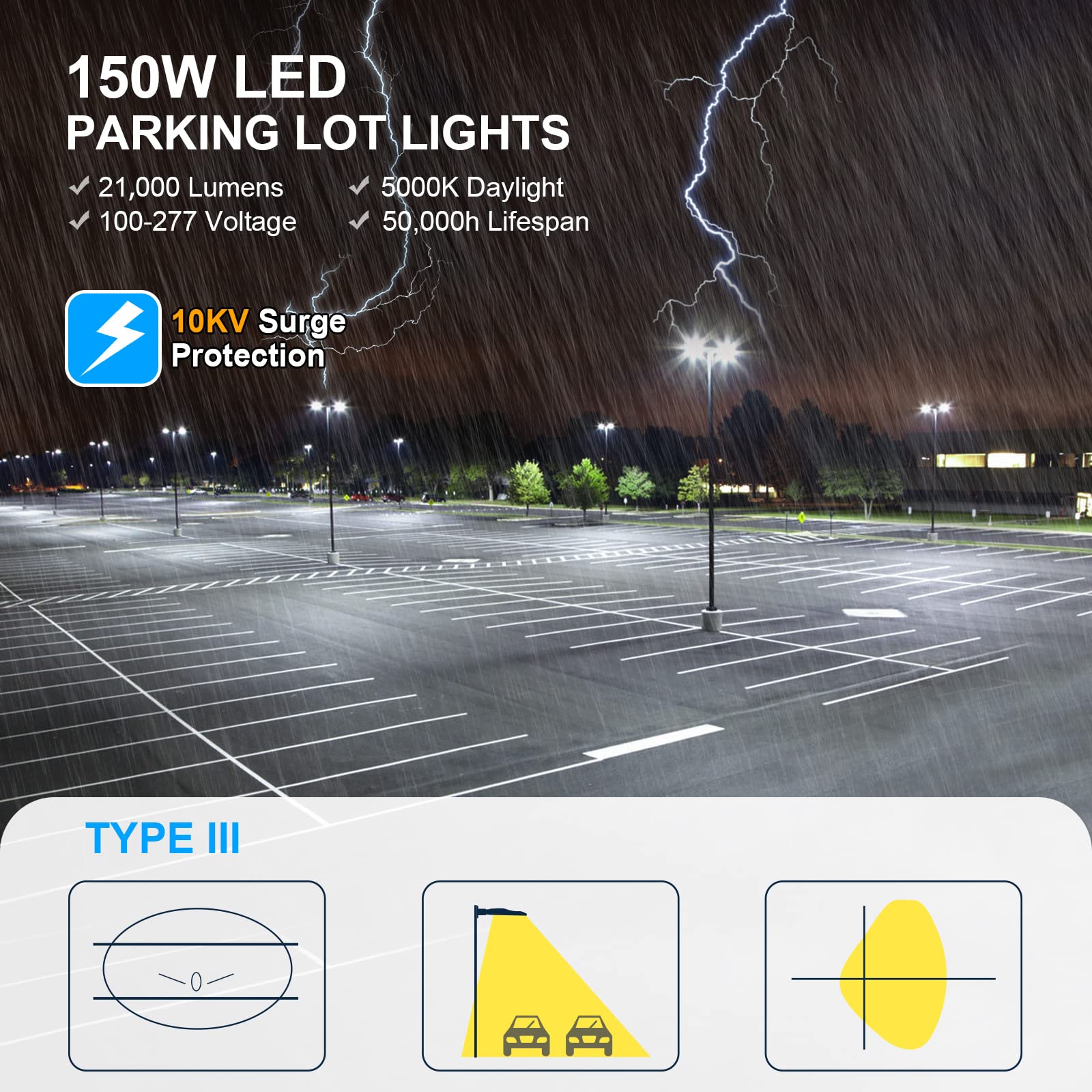 AKK 150W LED Parking Lot Light, 21000LM, Adjustable Arm Mount, 5000K, Aluminum, ETL Listed, Dusk to Dawn Photocell
