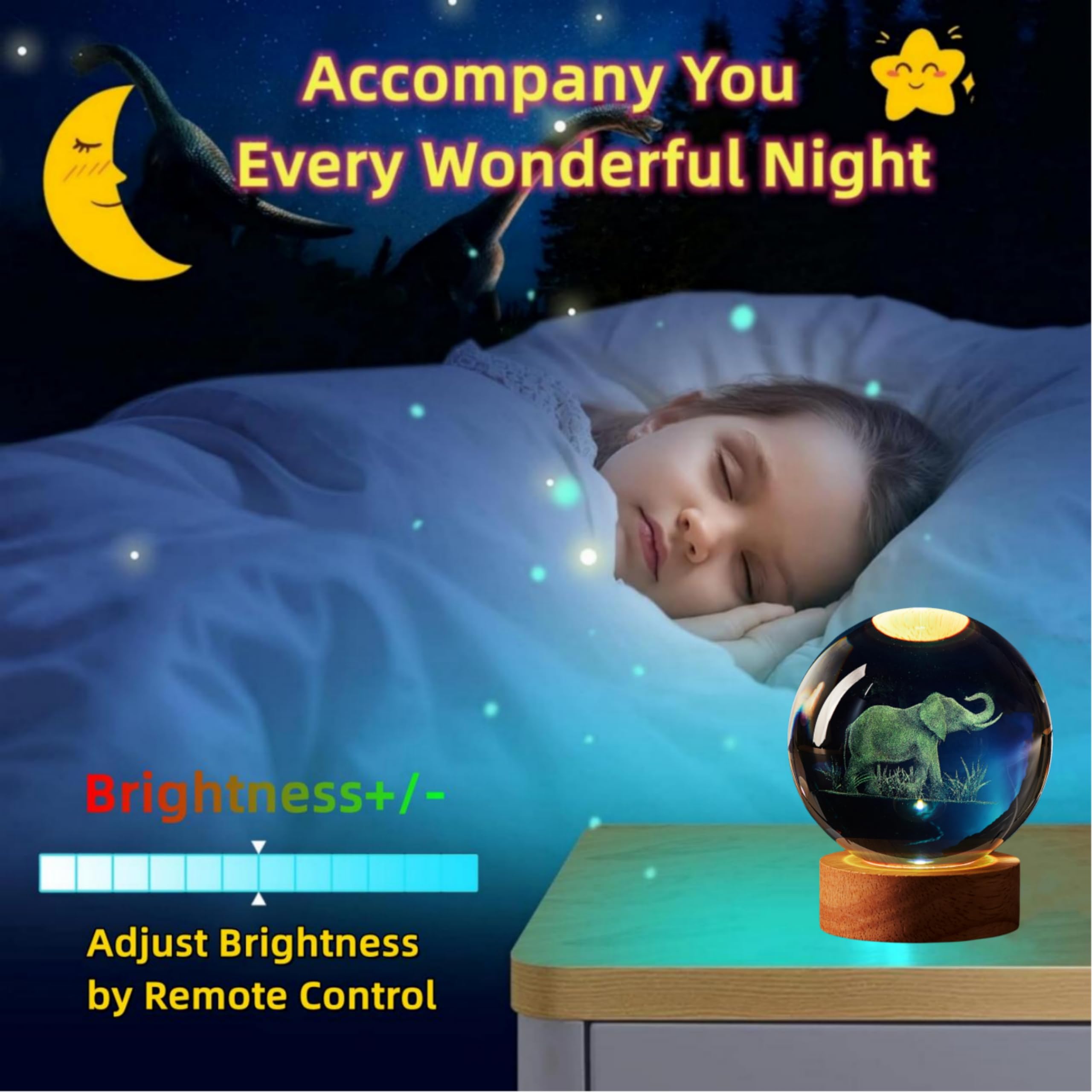 DIGFPWT Elephant Crystal Ball Night Light, 3.15 Inch LED Lamp with Wooden Base, 16 Colors, Gift Box Packaging