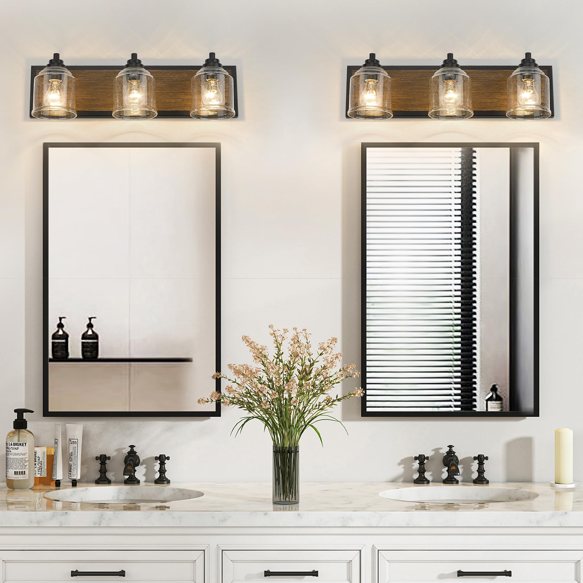 YKLITG 23in Farmhouse Bathroom Vanity Light, 3-Light Brown Metal with Bubble Glass Shades, Model BD005-3-DW