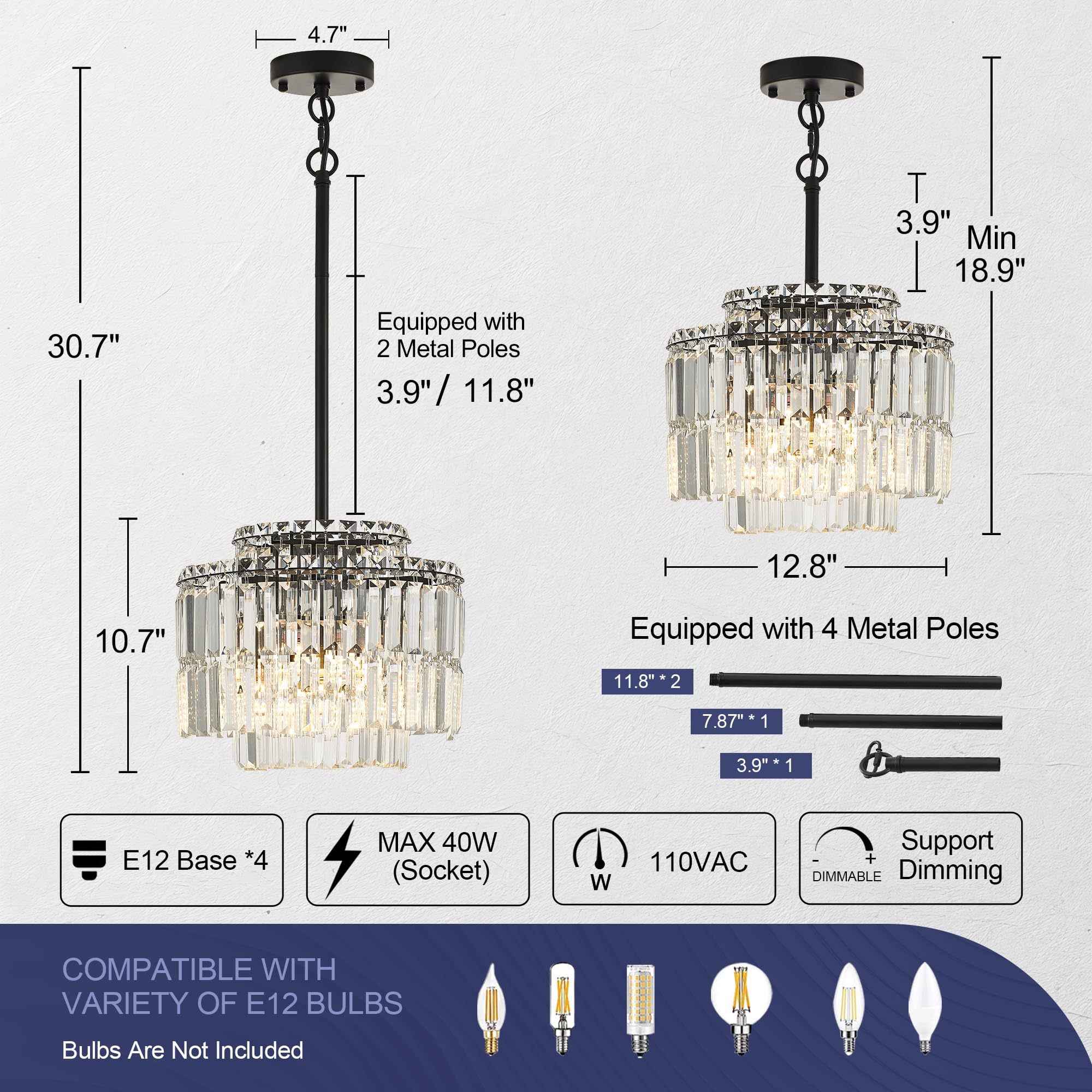 Lighceac Modern 12.8 Black Crystal Chandelier Ceiling Light Fixtures For Dining Room stylish Glam 4-Light Crystal Chandeliers Lighting For Bedroom Entryway Hallway Living Room Kitchen Island Foyer