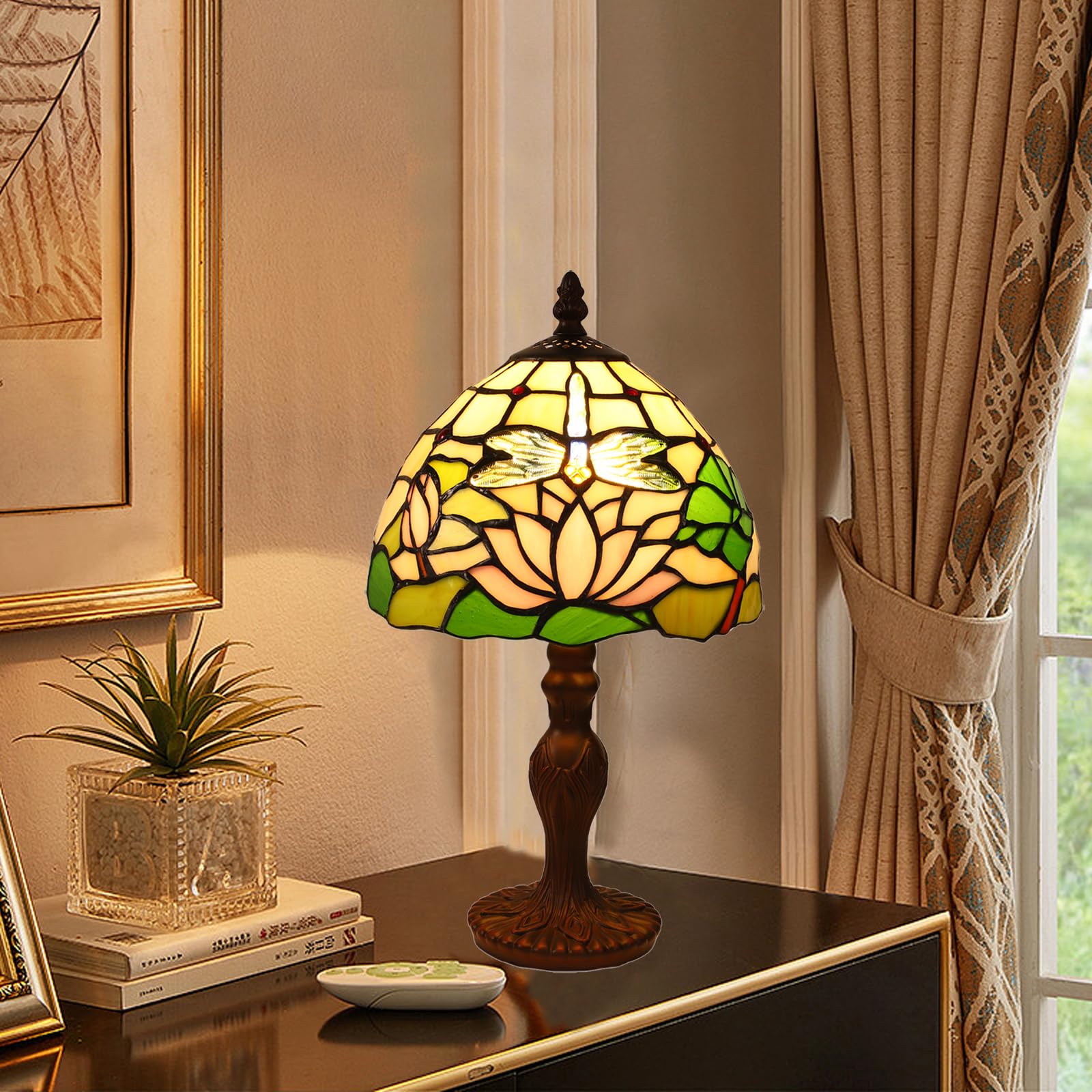 Tuomoxte Tiffany Style Table Lamp, 8 Inch Small Antique Lamp, Stained Glass Lamp, Dragonfly And Flower Pattern, For Bedside Nigh
