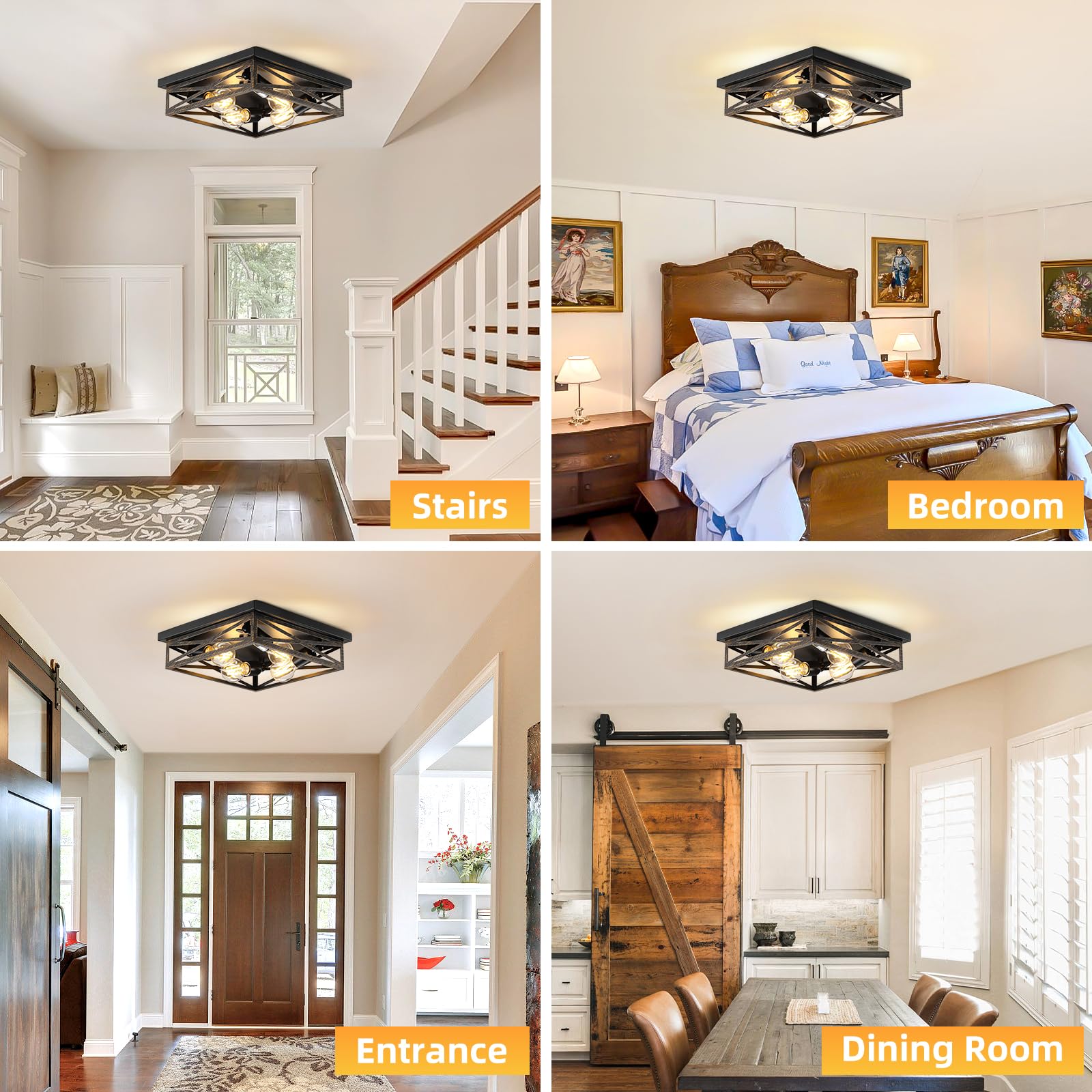 Dikaida Farmhouse Rustic Ceiling Light For Kitchen, 4-Light Hallway Flush Mount Light Fixtures Ceiling Mount, Industrial Metal C