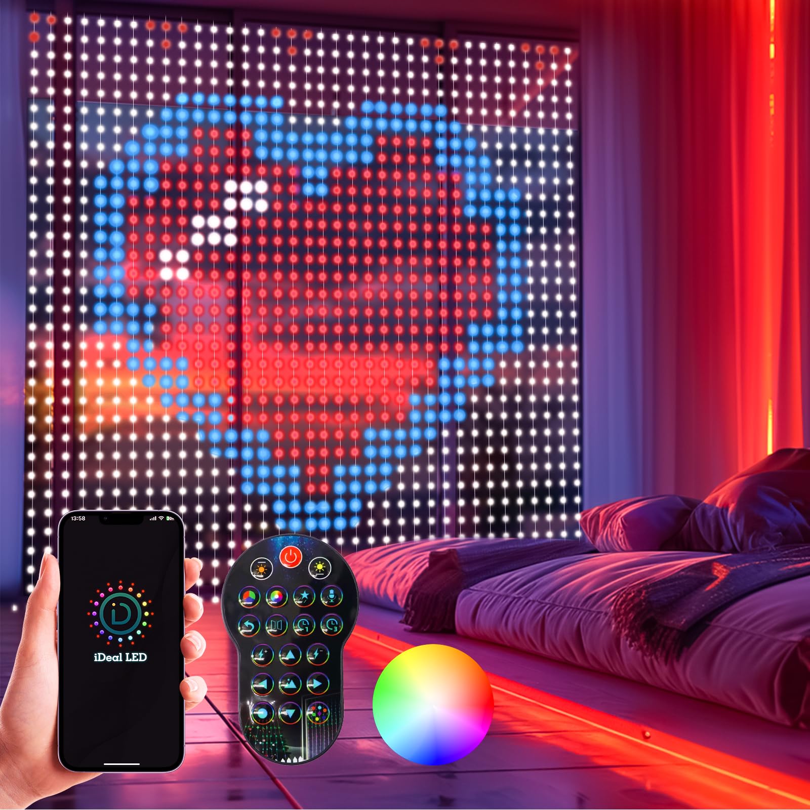 HXWEIYE Smart Curtain Lights, 400LED Fairy Lights, 6.6Ft x 6.6Ft, Multicolor, APP & Remote Control, Model GP-SW050DC300