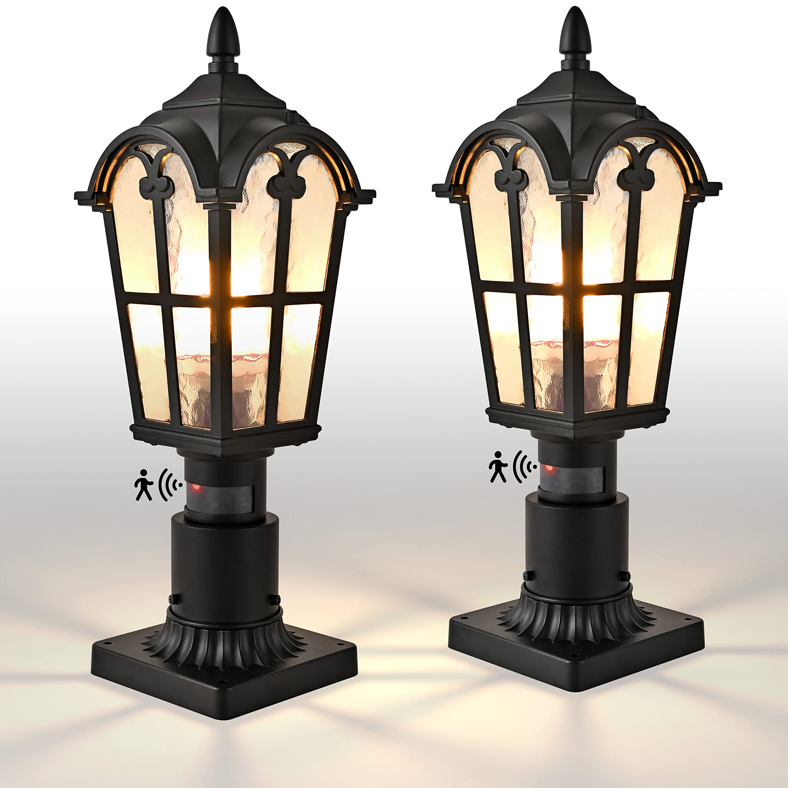 17Inch Outdoor Post Light Fixture,2 Pack Motion Sensor and Dusk to Dawn Exterior Porch Column Lamp,Black Pole Lantern Lighting F