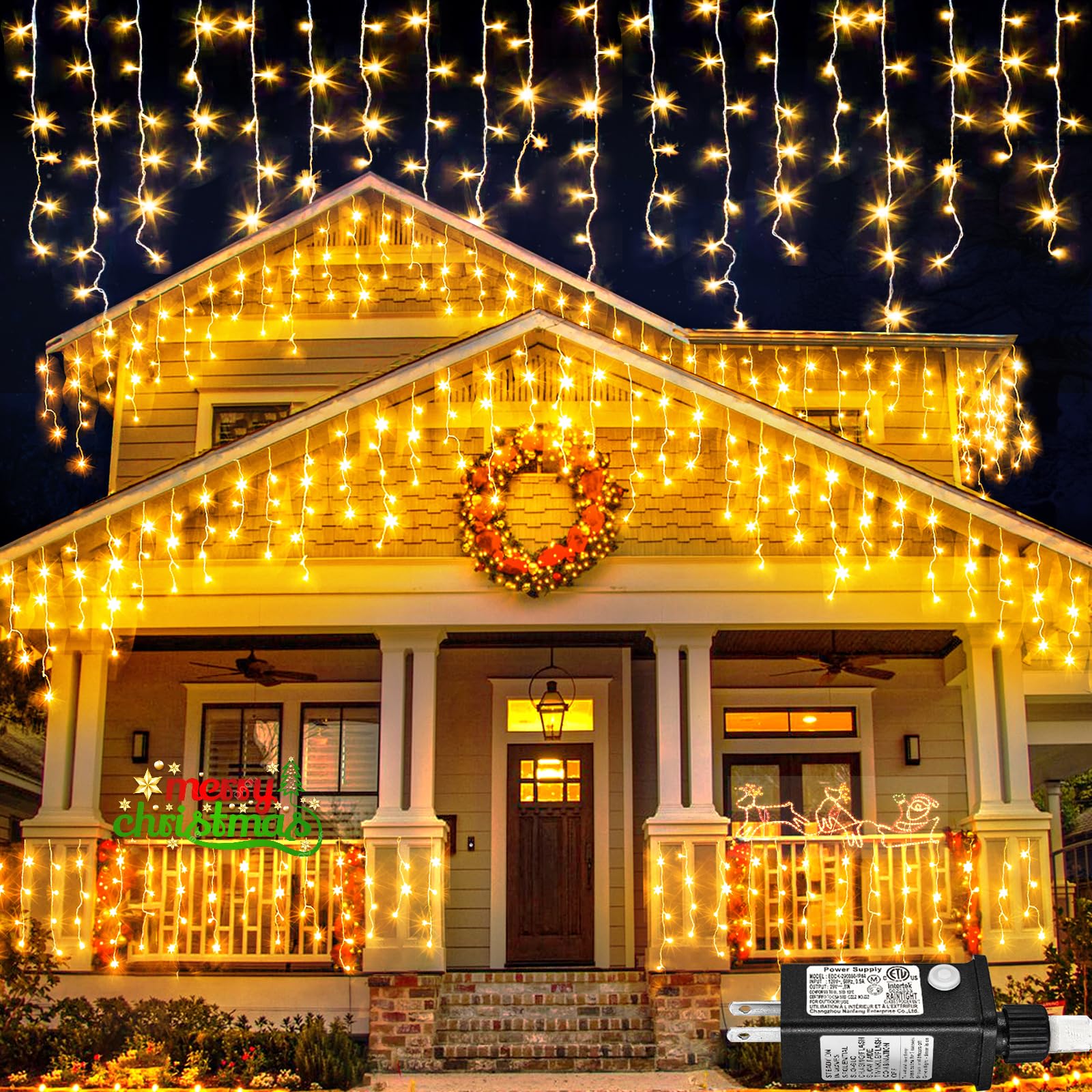 Nielfoi Warm White LED Icicle Lights, 66ft, 640 Lights, Waterproof, 8 Modes Timer, Clear Wire for Outdoor & Indoor Holiday Decoration