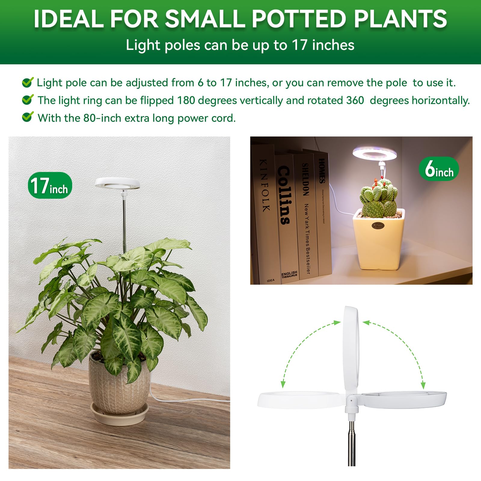 Rodinto Plant Lights For Indoor Growing, Full Spectrum Grow Light With 48 Leds, 5 Dimmable Levels Super Bright Halo Grow Lights, With Automatic Timer, Height Adjustable 7&quot;-17&quot;, Pack Of 3