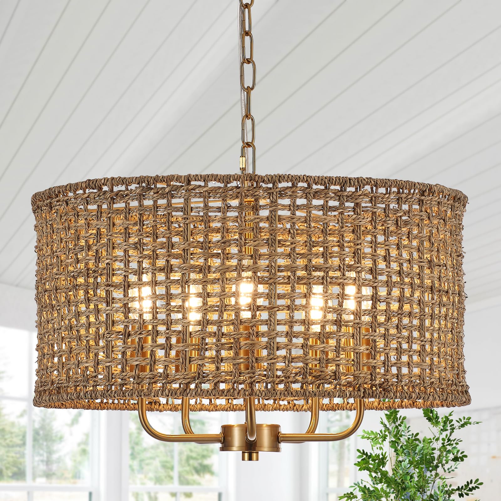 YOMECOO Hand-Woven Rattan Chandelier Vintage Farmhouse Boho Bamboo Light Fixture Mini Retro 5-Lights Drum Wicker Rattan Chandeli
