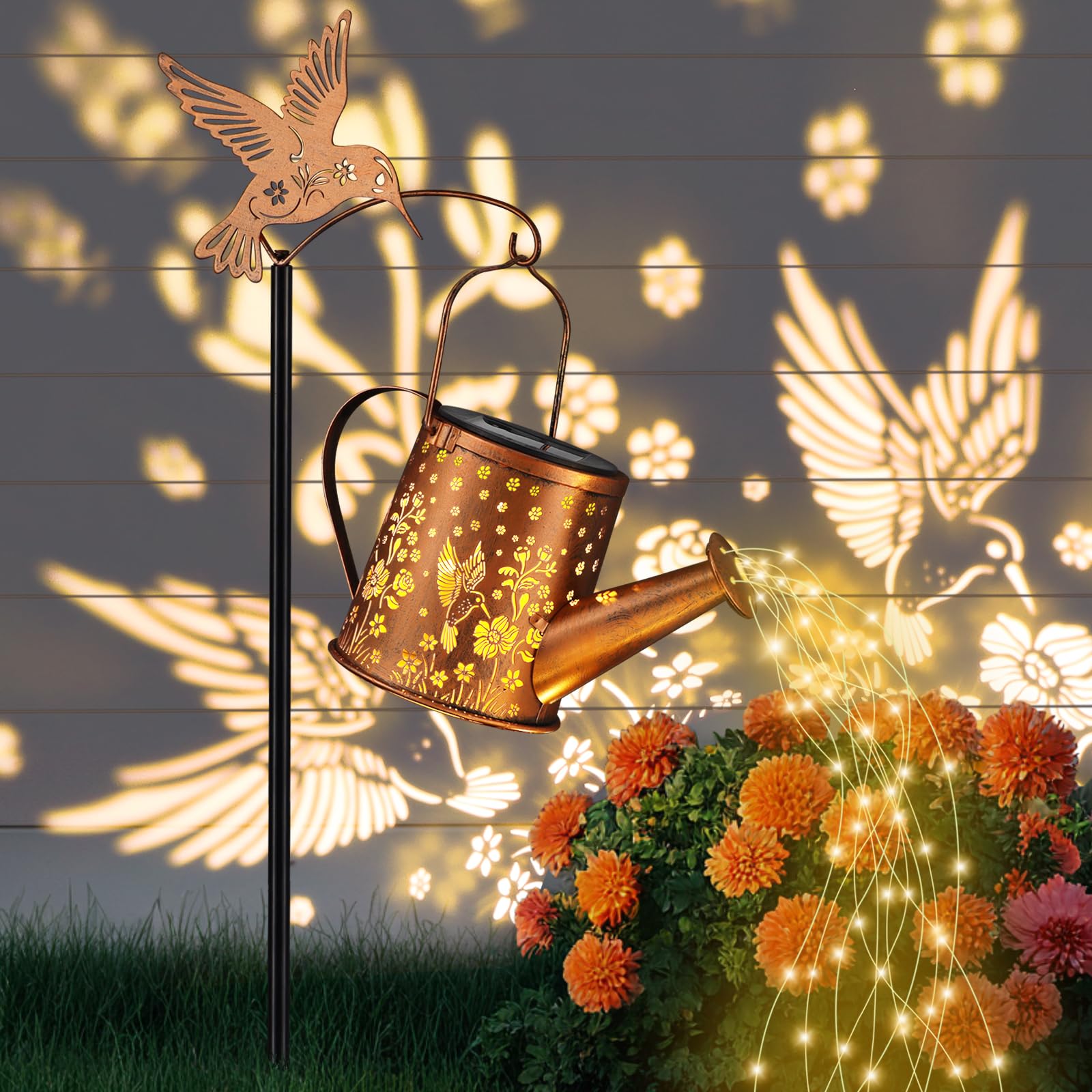 Outdoor Hanging Solar Lantern Waterproof Set Outside Metal Openwork Hummingbird Watering Can Landscape Lights For Garden Yard Patio Pathway Decor Birthday Gifts For Women Mom Grandma -With Floor Pole
