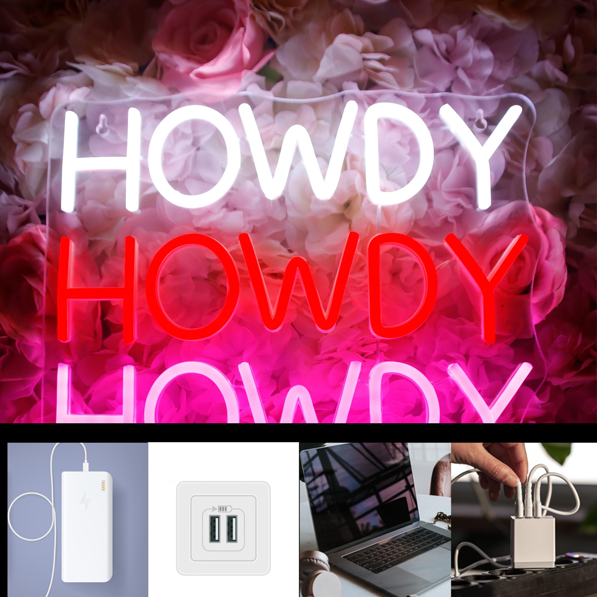 Howdy Neon Signs for Wall Decor, LED Signs Pink Howdy Neon Light Signs for Bedroom, LED Wall Art USB Powered for Bedroom Wedding