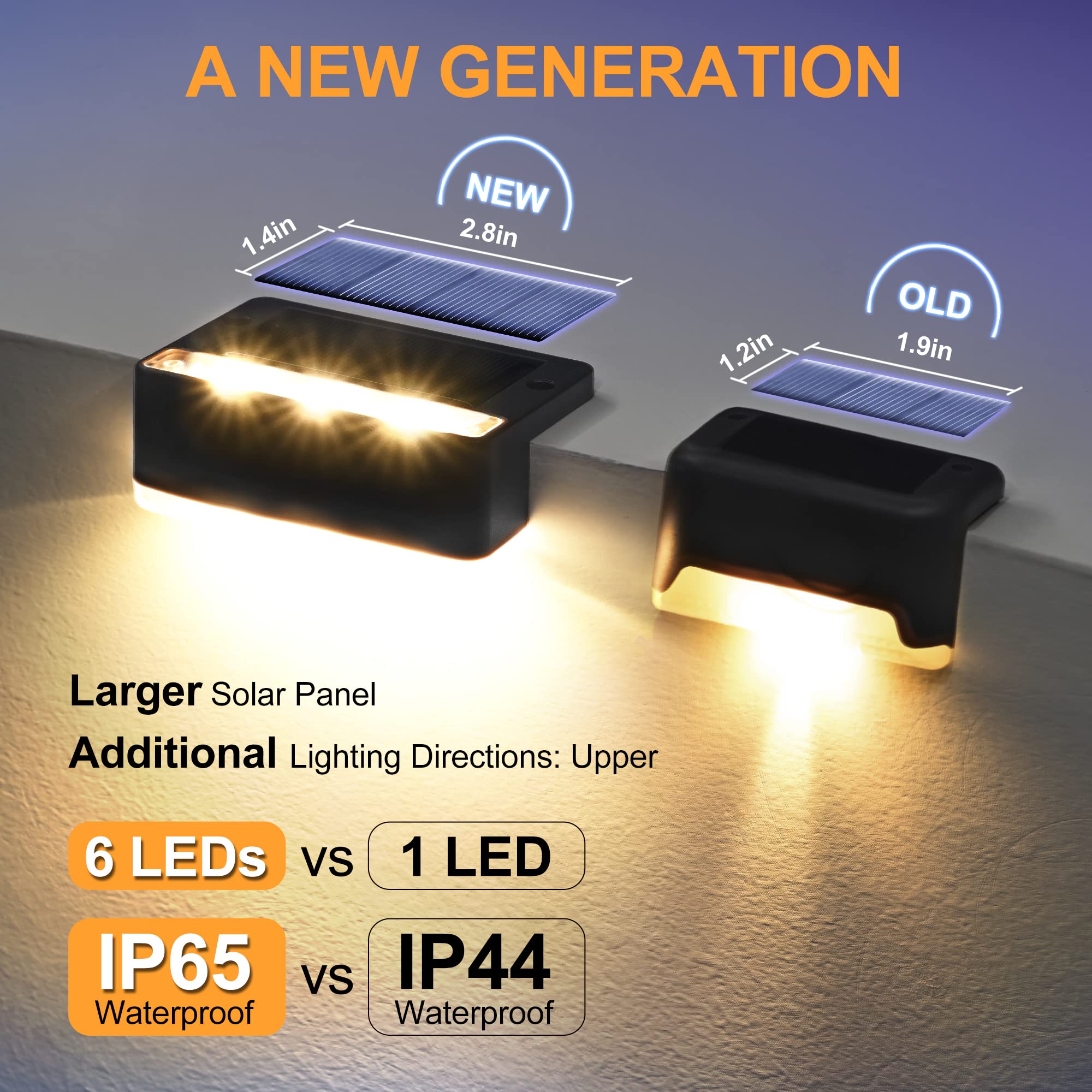 SOLPEX Solar Fence Lights, 6 LEDs Waterproof Outdoor Lighting, 16 Pack Warm White, Black, Model 8543
