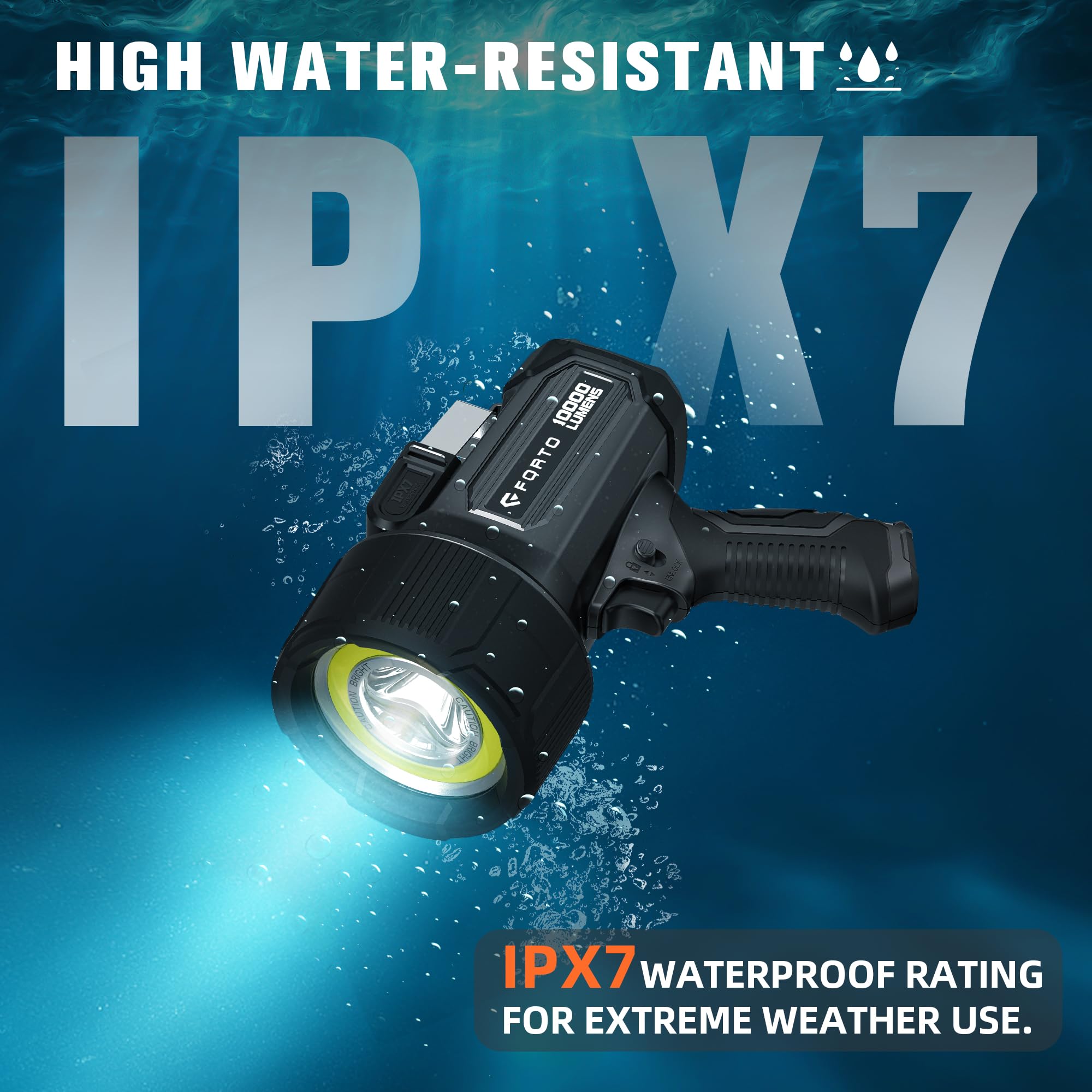 FORTO Rechargeable Spotlight 10000 Lumen Ultra Bright IPX7 Waterproof Flashlight, Boat Spotlight with EVA Carrying Case Tripod,
