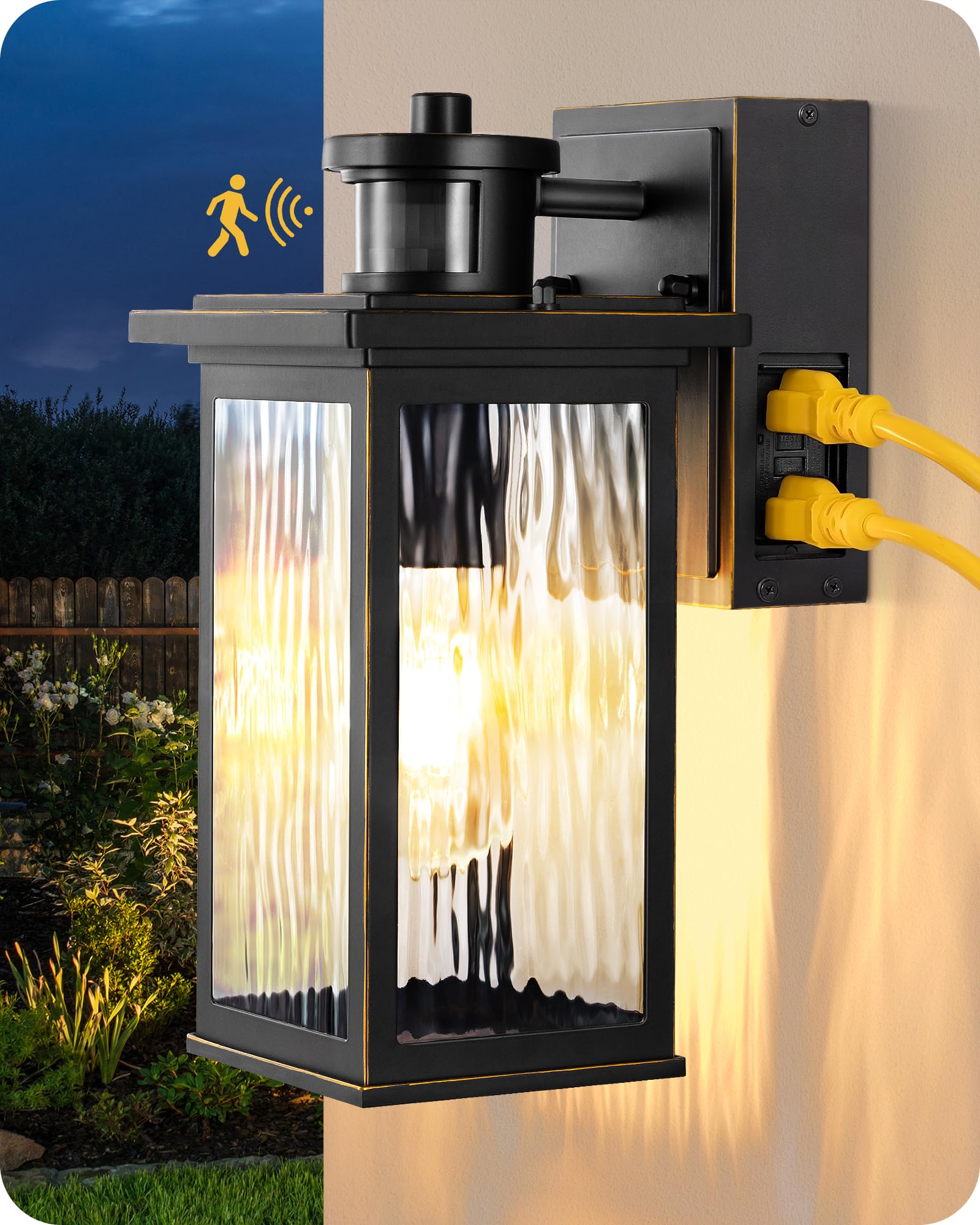 EDISHINE Outdoor Wall Light with GFCI Outlet, Motion Sensor Exterior Lighting Fixture with Water Ripple Glass, Waterproof Dusk t
