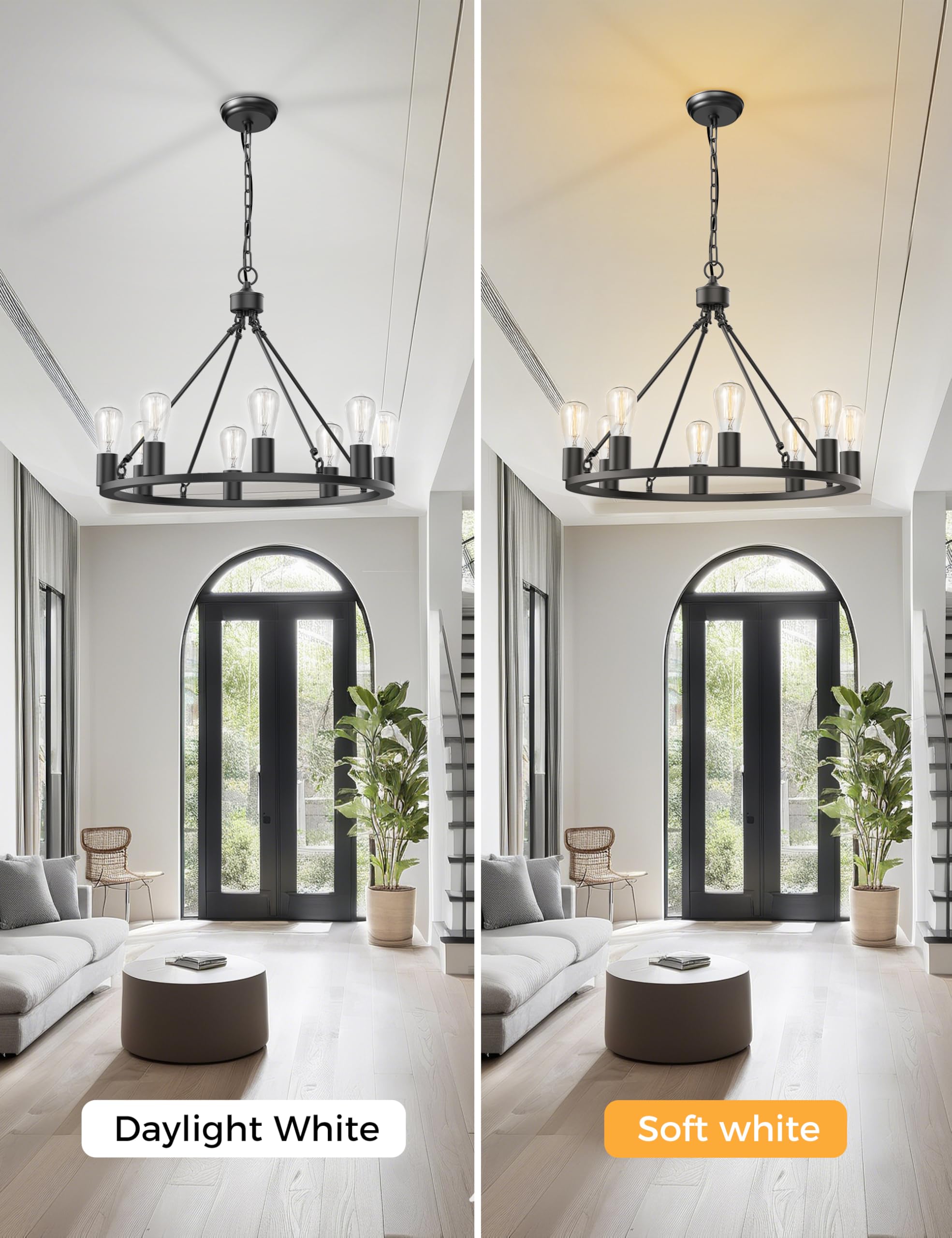 L LOHAS LED 8-Light Black Farmhouse Chandelier, 24" Adjustable Metal Light Fixture for Dining Room and Kitchen Island