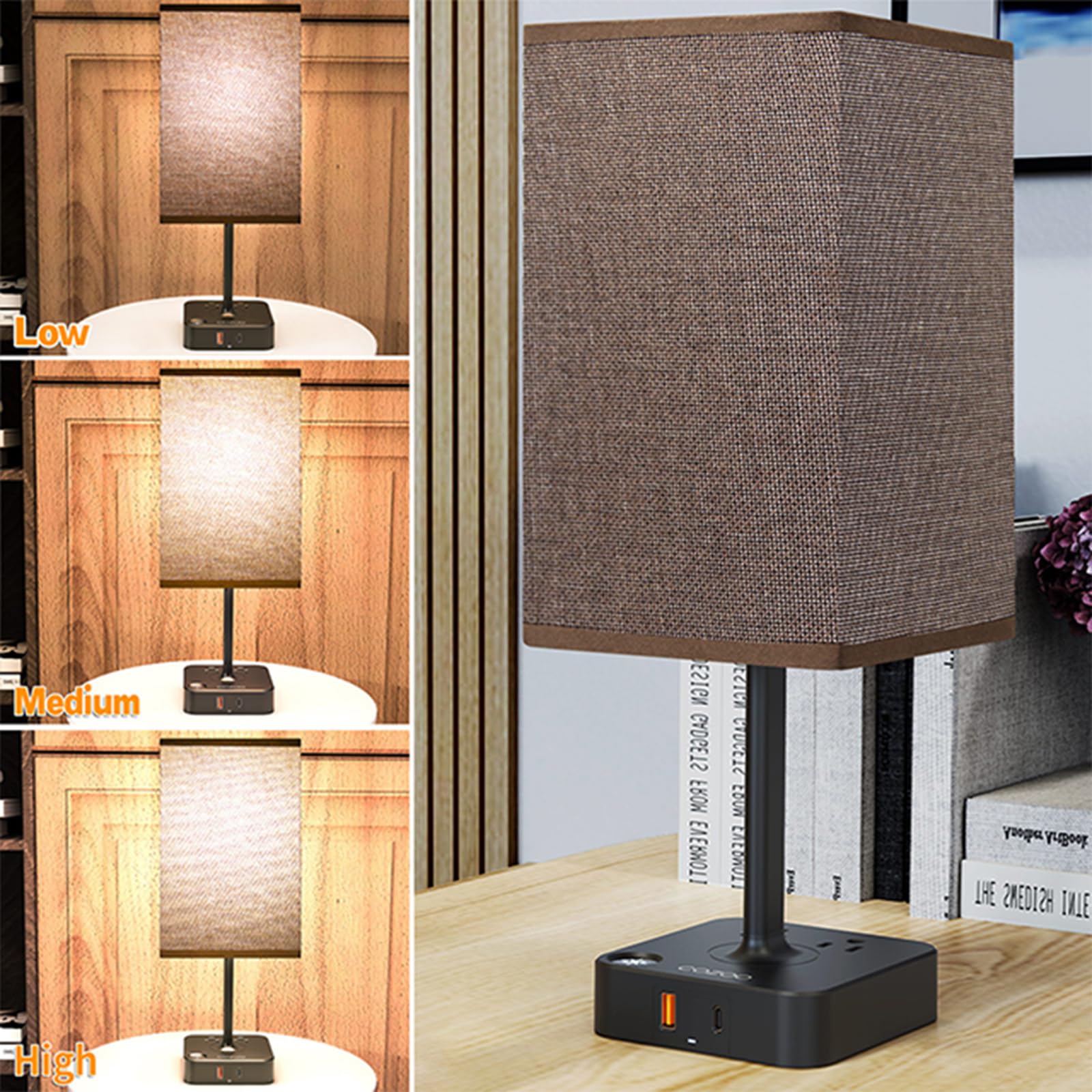 cozoo Bedroom Lamp - Touch Control Table Lamp with USB C & A Ports, 2 AC Outlets, Modern LED Light, Brown Fabric Shade, Model MC003C