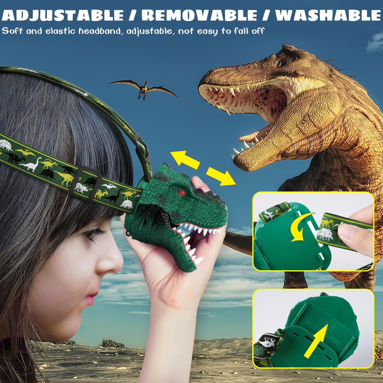 Dysaim Kids Headlamp,Rechargeable T-Rex Dinosaur Headlamp For Kid And Led Head Lamp Camping Gear Flashlight,Hiking Accessories H