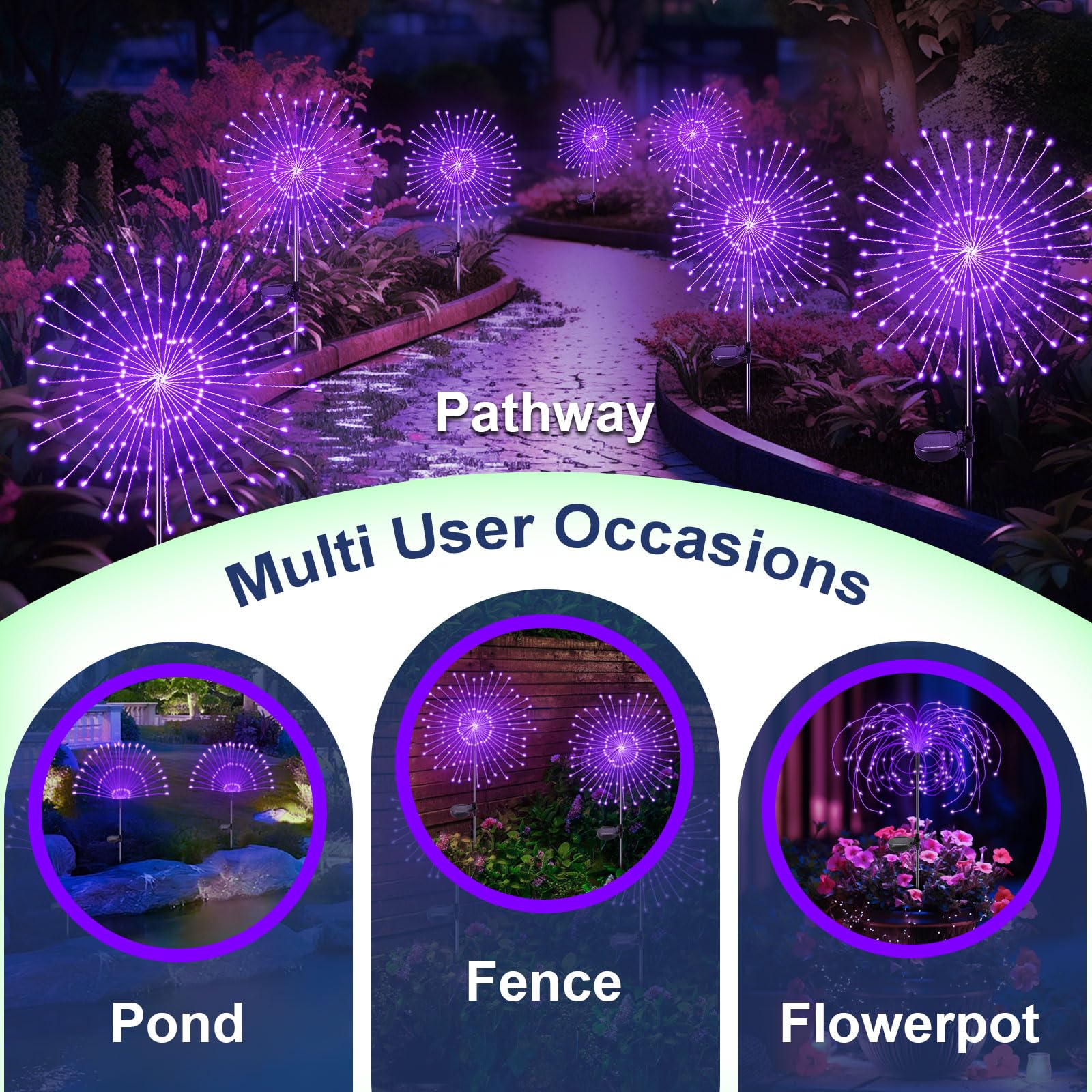 YaaFen Solar Firework Lights, 120 LED, 2 Pack, Waterproof, Purple, Outdoor Decorative Garden Lights