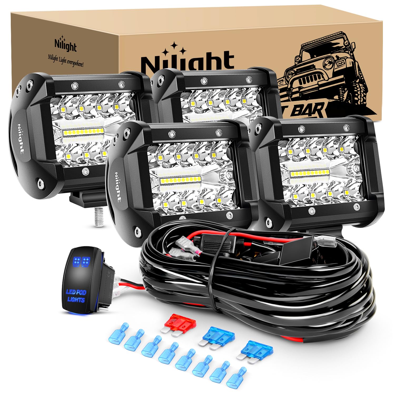 Nilight 4Pcs Led Pods 4Inch 60W Triple Row Flood Spot Combo 6000Lm Light Bar With 12V On/Off 5 Pin Rocker Switch 16Awg Wiring Ha