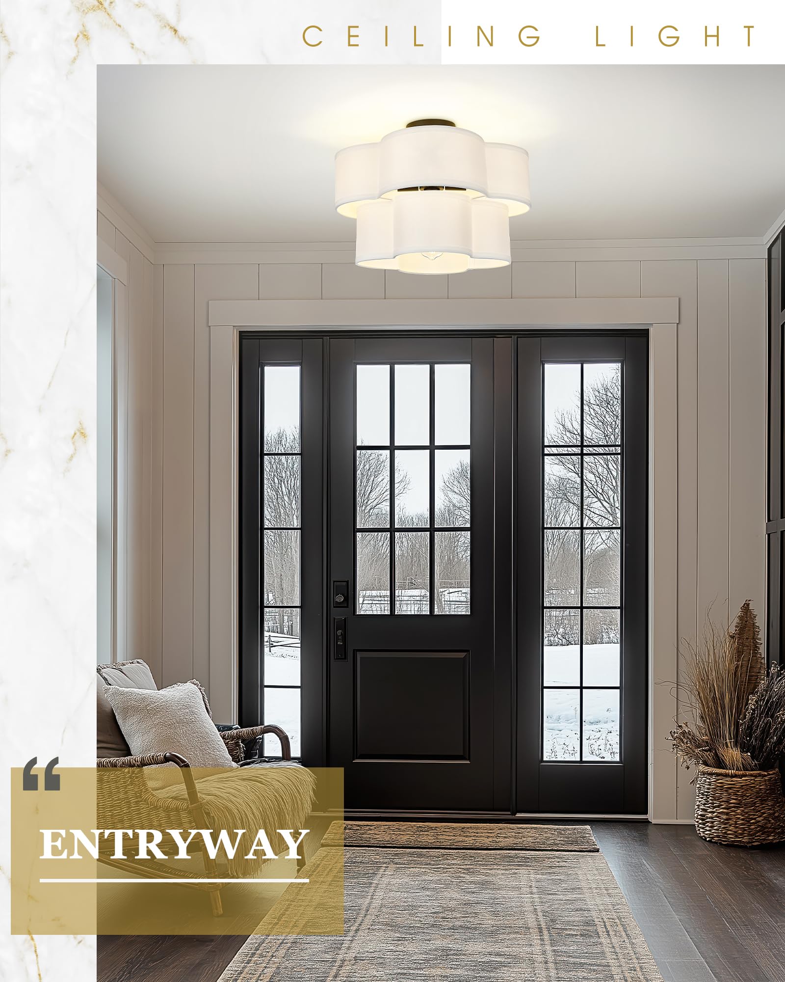 Audickic Black Semi Flush Mount Ceiling Lights, 5-Light 18'' Ceiling Light Fixtures With Double Fabric Drum Shade In Quatrefoil