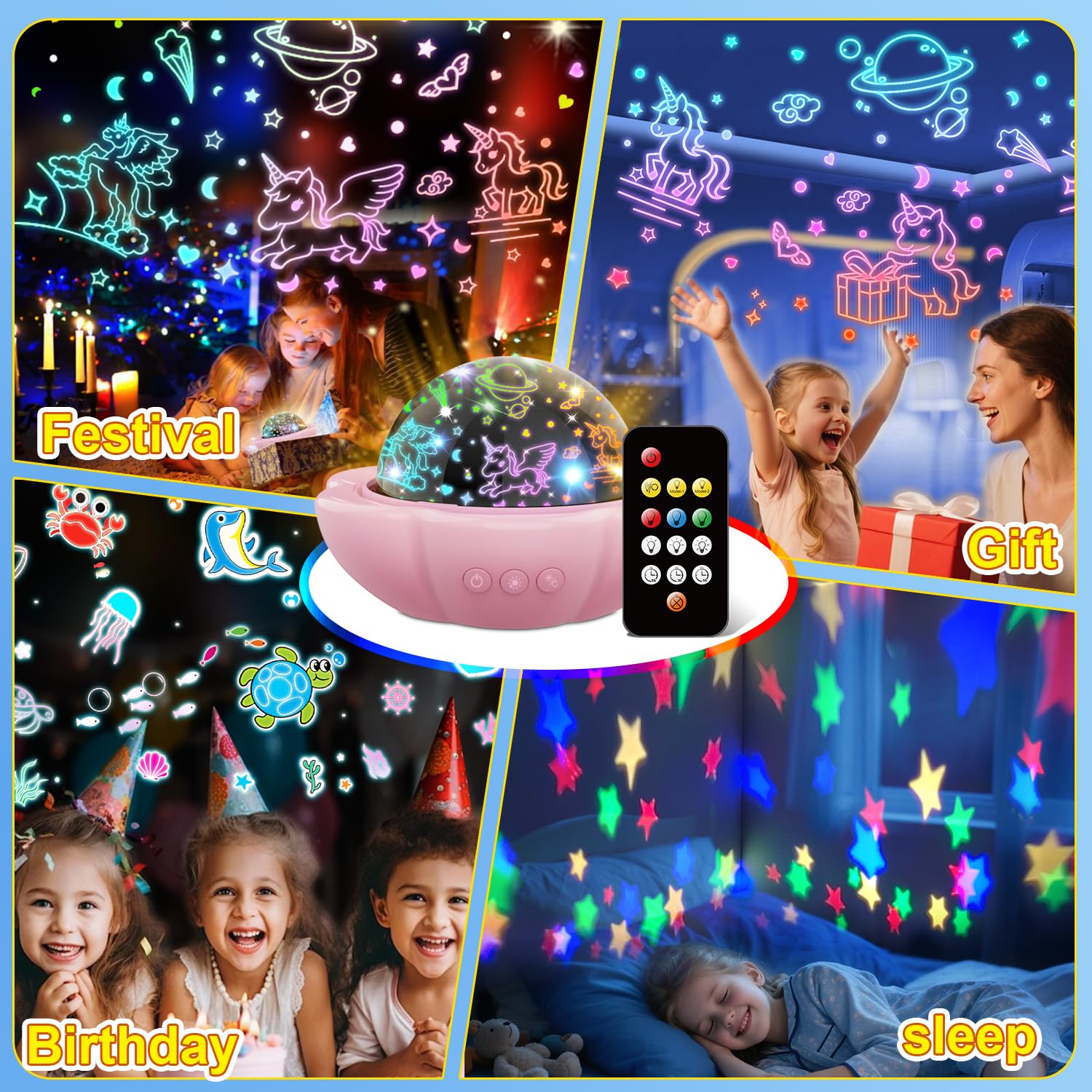 DQMOON Unicorn Night Light Projector, 360° Dimmable Ocean Lights, 5.12inx5.12inx3.54in, Pink, Model 012-2502-01