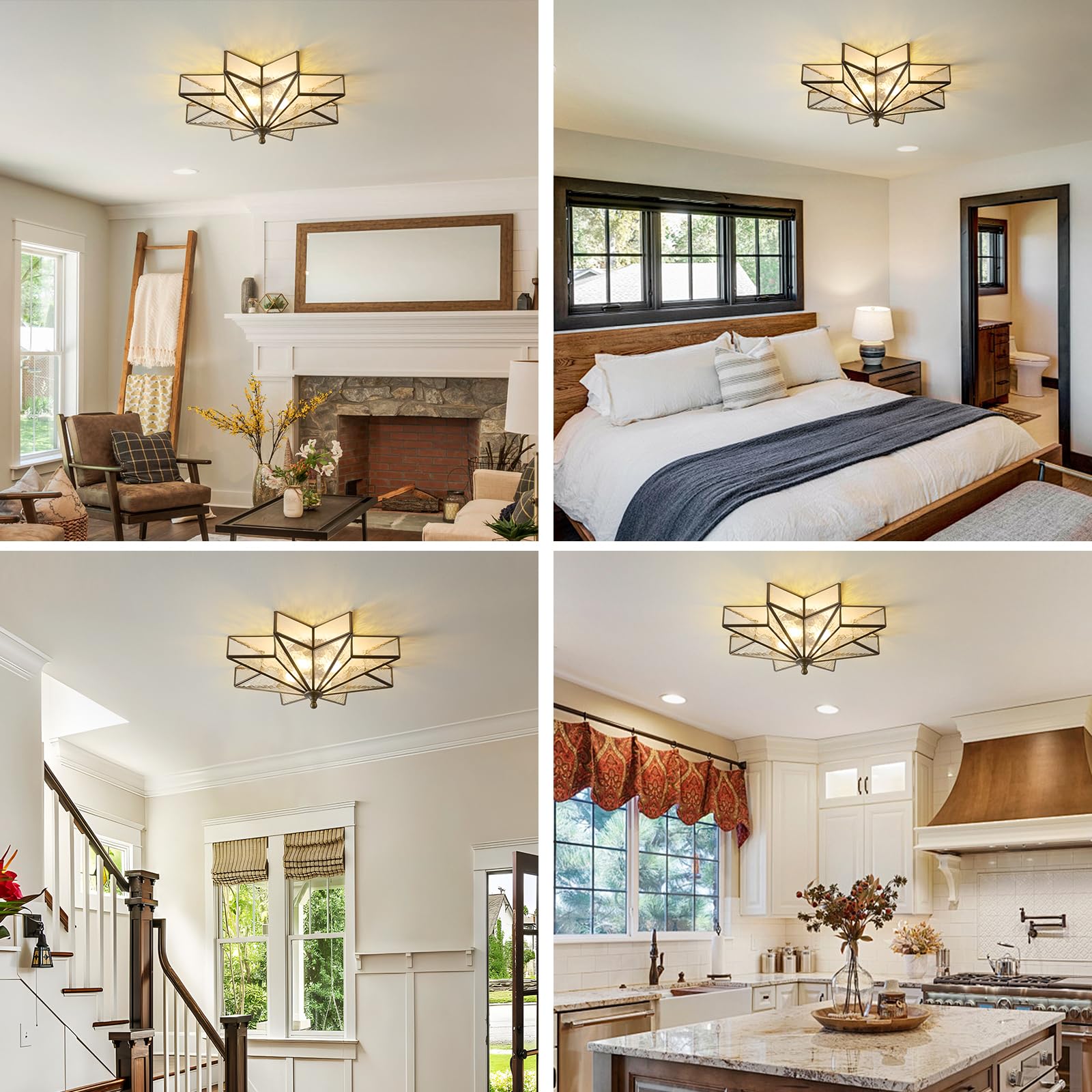 Black Bronze Star Ceiling Light - 19.5 Inch Brass Hammered Glass Large Flush Mount Fixture - Unique Art Deco Mid Century Vintage Moravian Lighting Lights For Bedroom Dining Foyer Living Room Fixtures