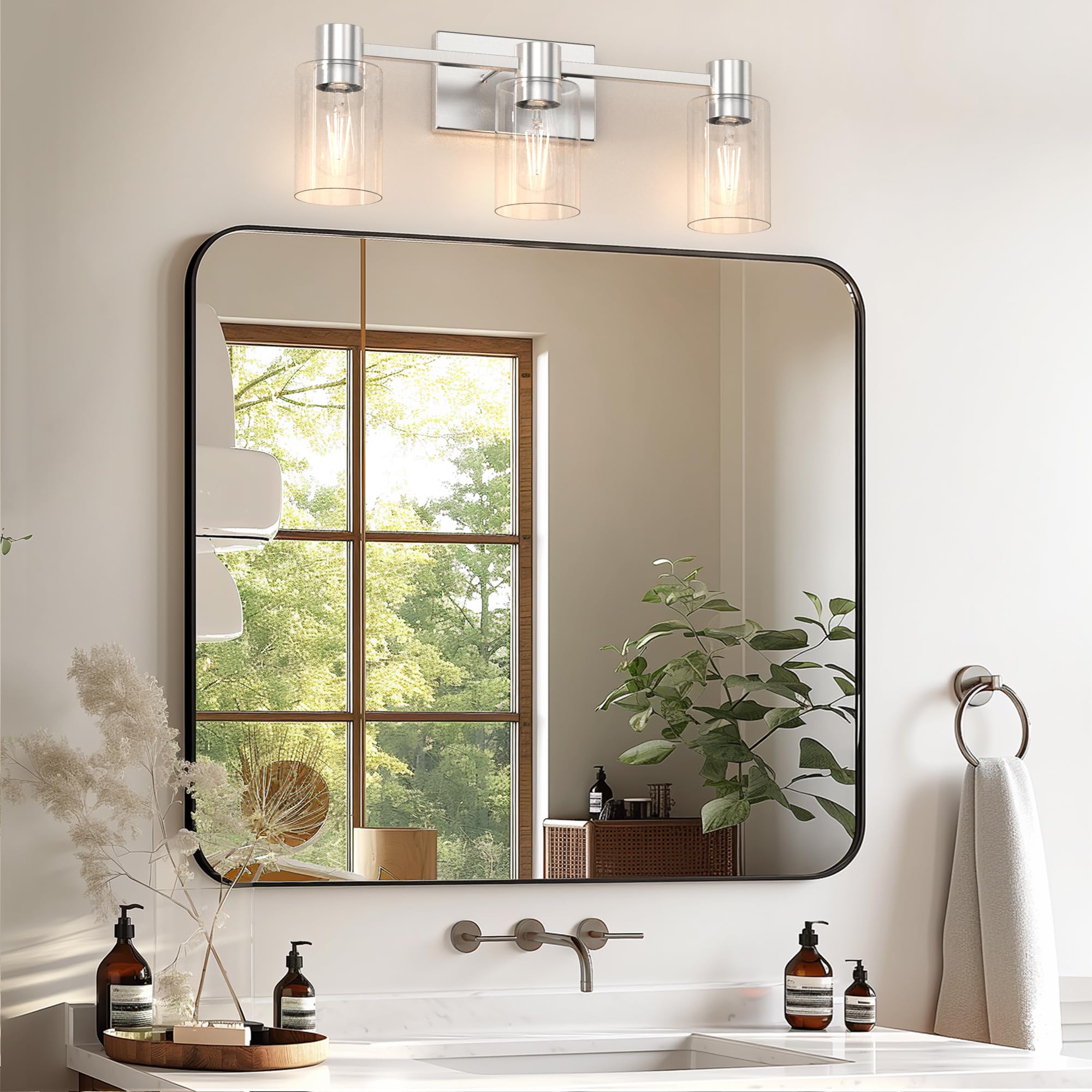 Esfos 3-Light Brushed Nickel Wall Sconces For Bathroom, Modern Vanity Light Fixtures Over Mirror, Wall Lamp With Clear Glass Sha