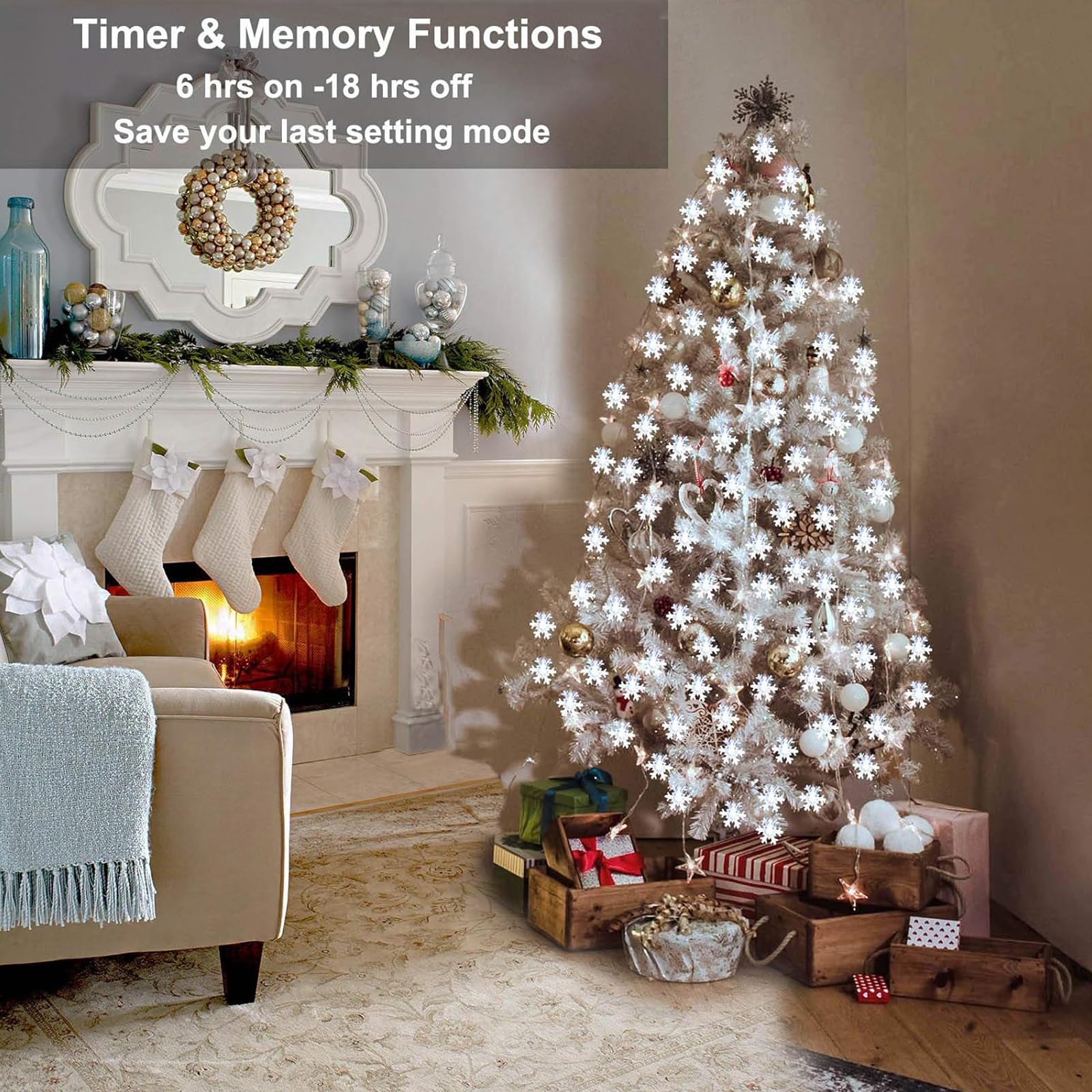 Colcutee Christmas Snowflake Lights, 20Ft 40Led 8 Modes & Timer Battery Operated Christmas Decorations Lights With Remote Control, Fairy Lights For Indoor Outdoor Holiday Party Decorations (White)