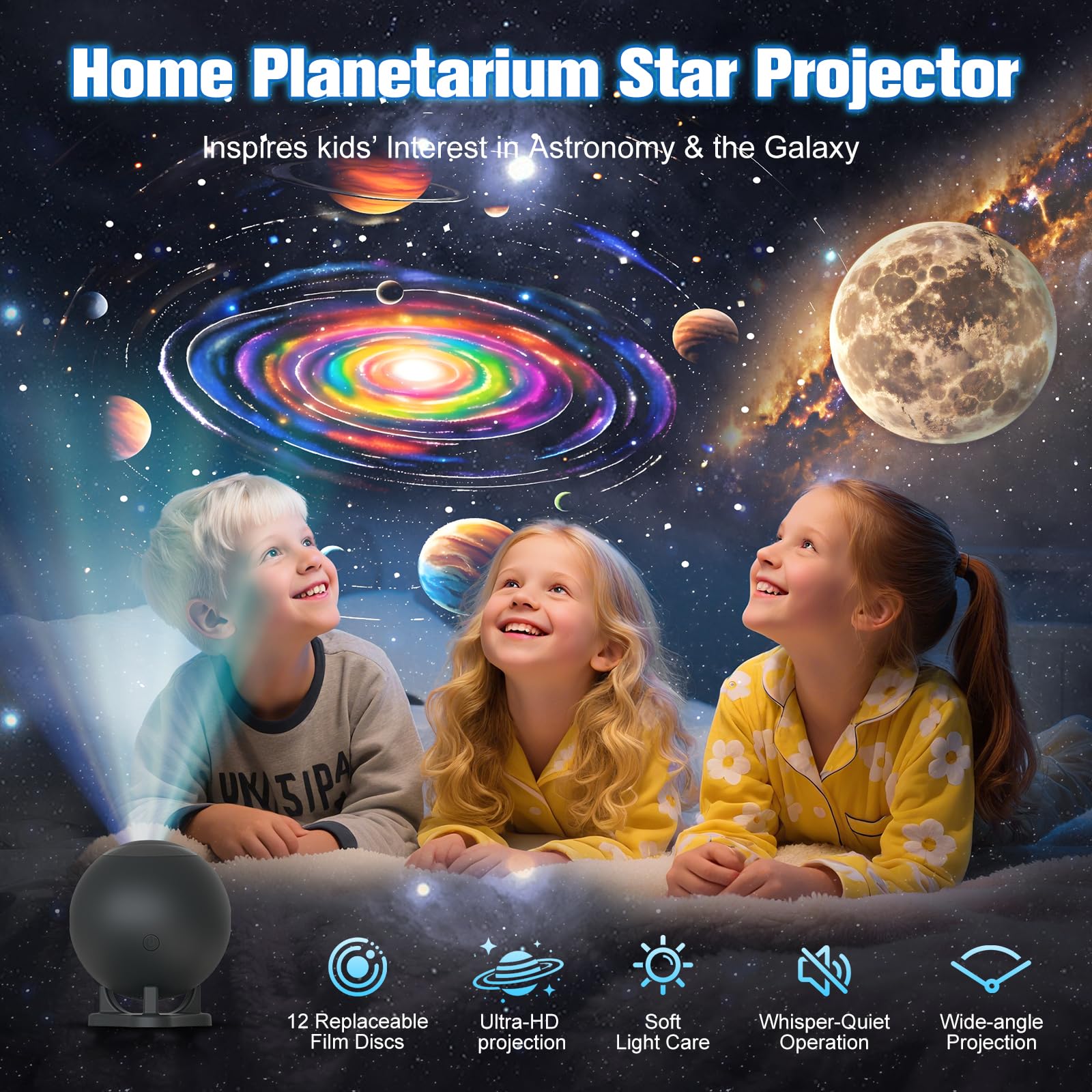 FSSQBFLC  tarium Projector - Galaxy Projector Star Night Light, LED, Black, Model HT-B01, 12 Image Discs for Kids & mature-themeds Room Decor