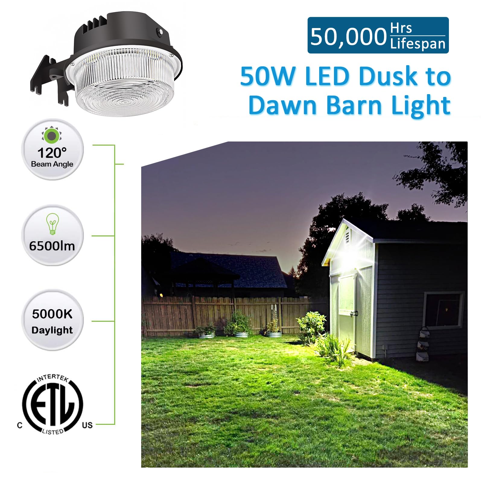 SZGMJIA LED Barn Light 50W Dusk to Dawn Outdoor Lighting 7500lm IP65 Waterproof Black