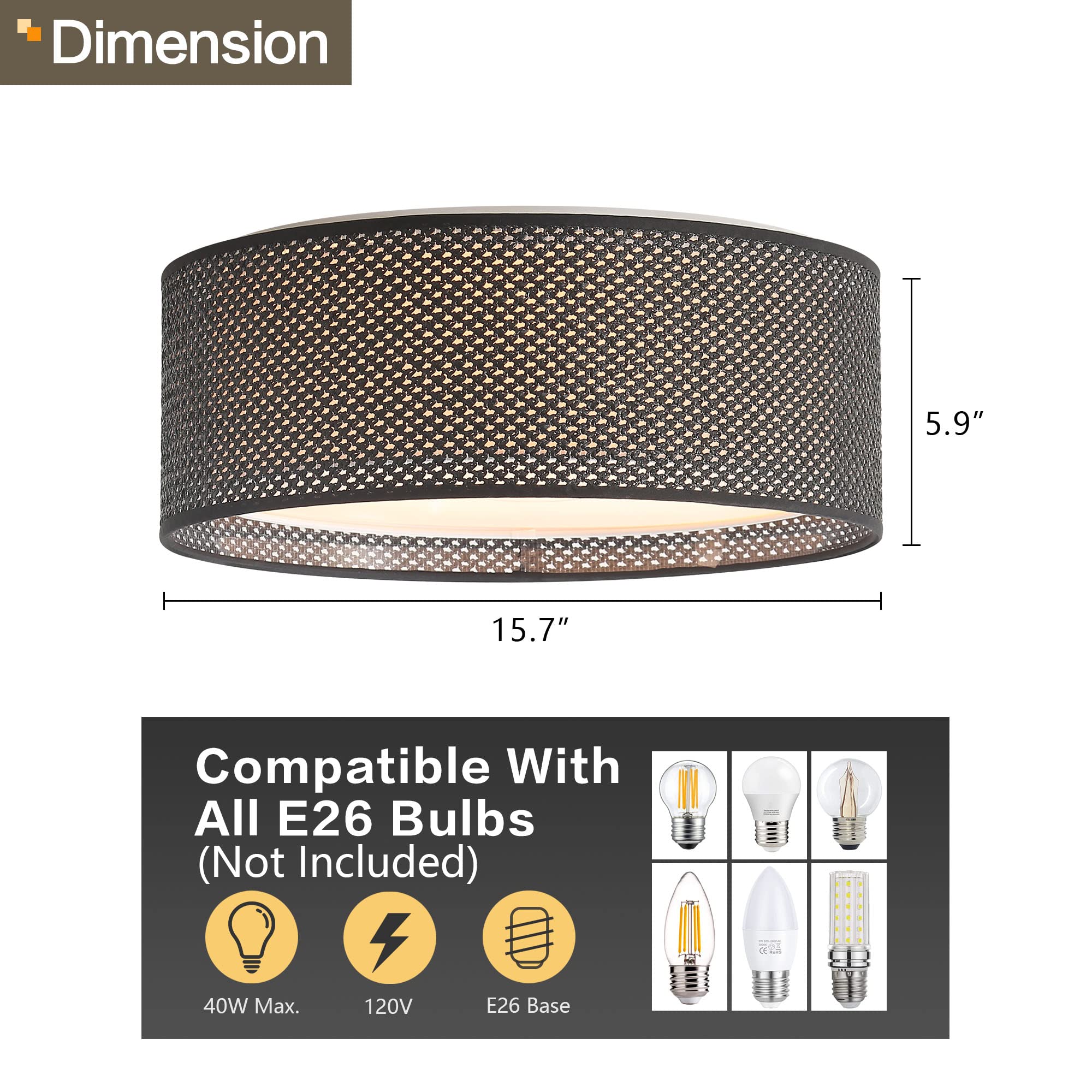 Wingbo 15.7" Modern 3-Light Flush Mount Ceiling Light Fixture With Fabric & Acrylic Double Drum Shade For Bedroom Living Room Dining Room Hallway Entryway, Black