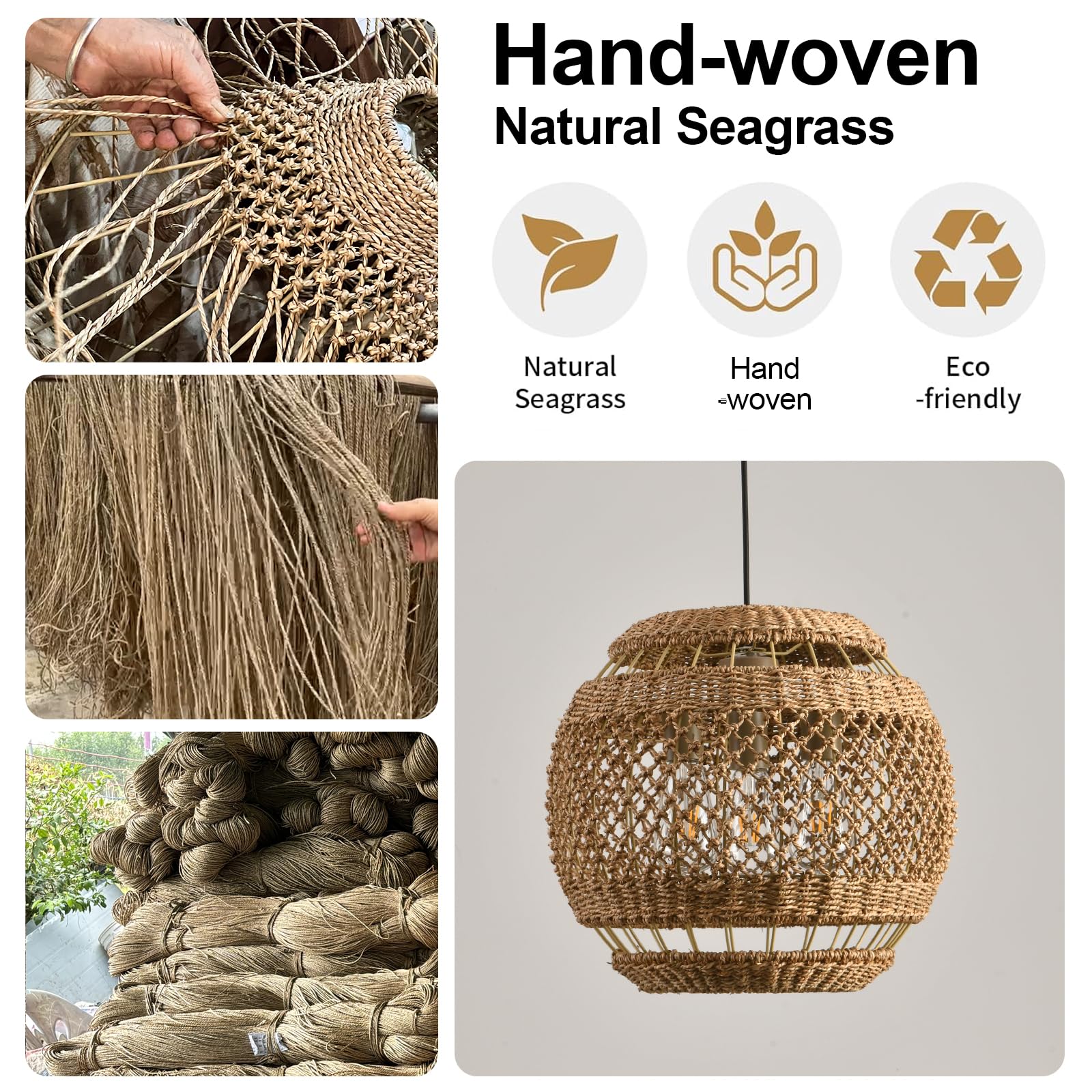 Teru Ji Kaikang 15.75'' Rattan Pendant Light 3-Light Boho Seagrass Hanging Light Hand Woven Water Plants Rattan Chandelier For D