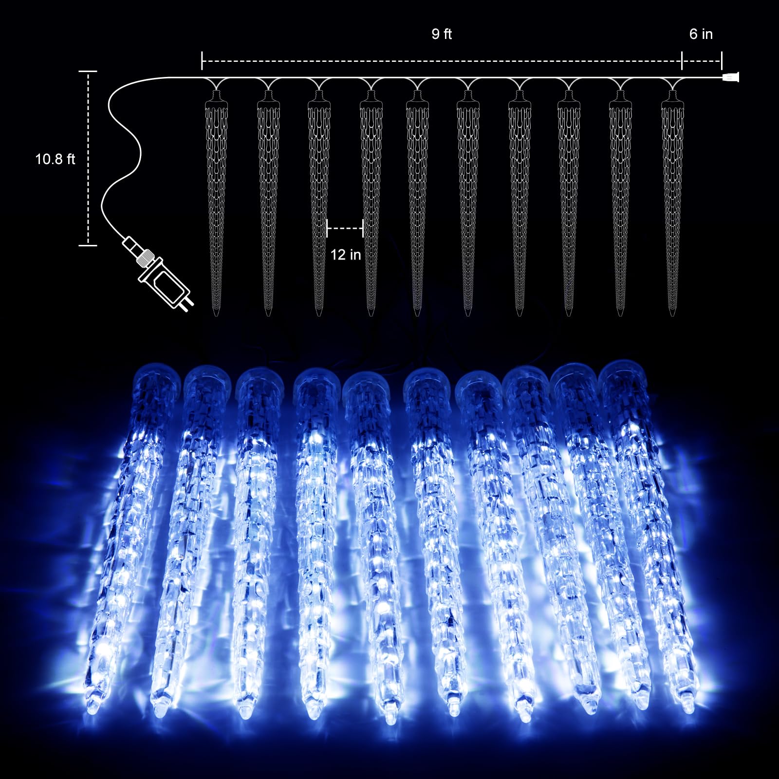 Brightown 10Ft Christmas Icicle Lights, Blue Meteor Shower Effect, 10 Tubes for Outdoor Eave Roofline Decorations
