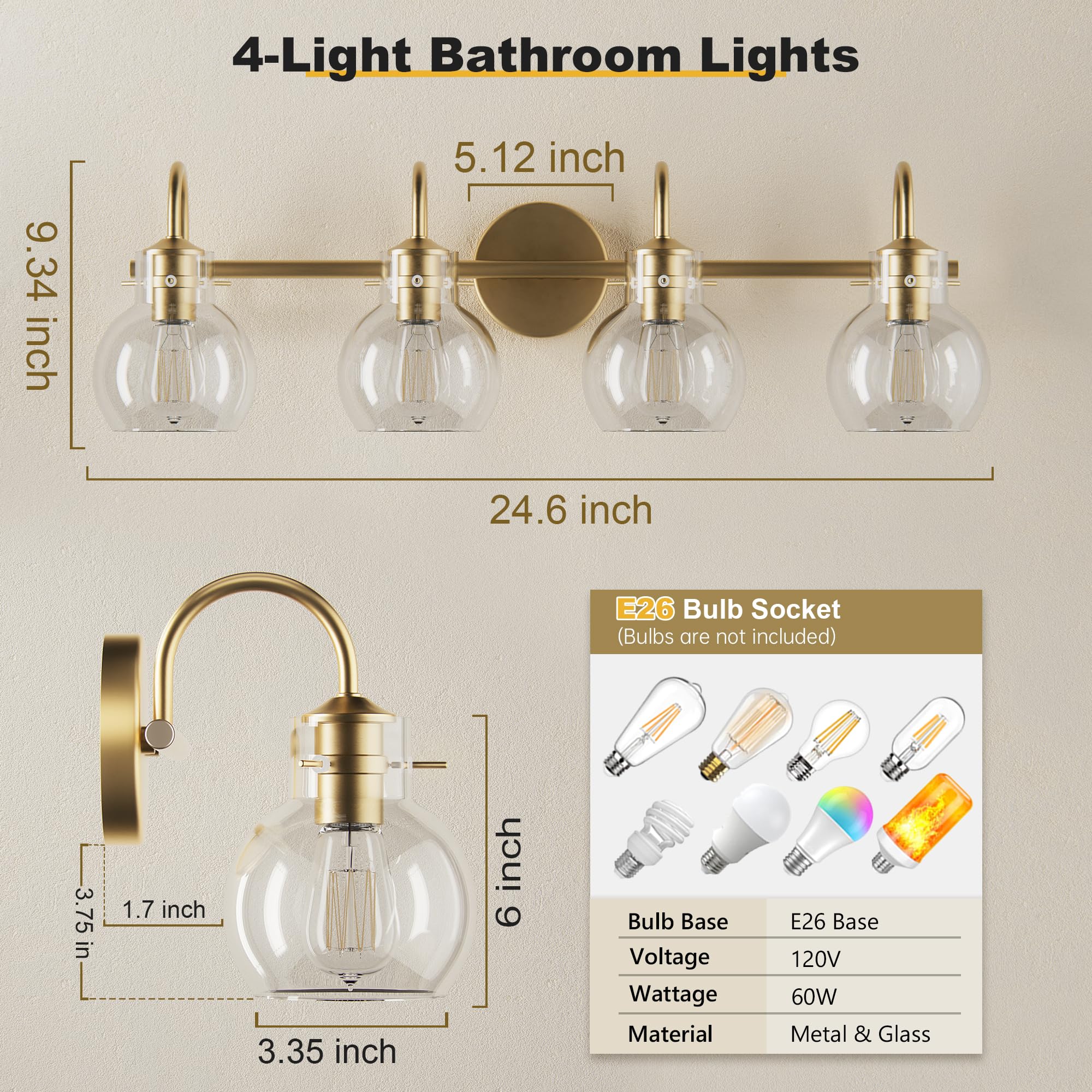 Primeplus 4-Light Gold Bathroom Vanity Light Fixtures, 24 Inch Bathroom Light Fixtures Over Mirror With Clear Glass Shade Wall Mounted Sconces Lighting For Bathroom, Living Room, Hallway, E26 Base