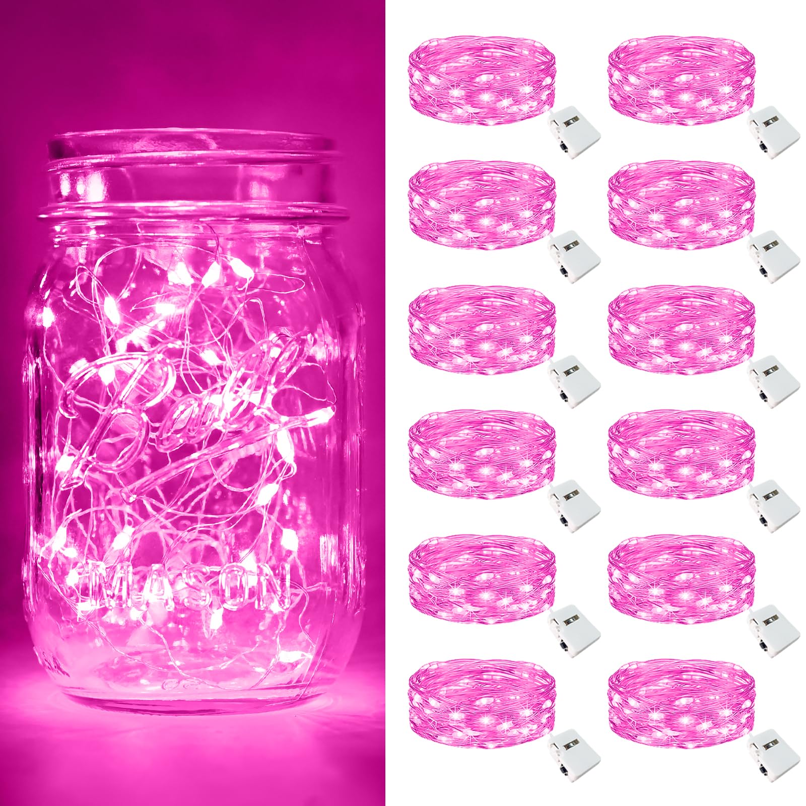btfarm 12 Pack Fairy Lights Battery Operated [3 Modes]  7ft 20 Led Pink Twinkle String Lights Waterproof  Bulk Small Mini Christmas Valentines Day Light for Mason Jars Vases Wedding Table