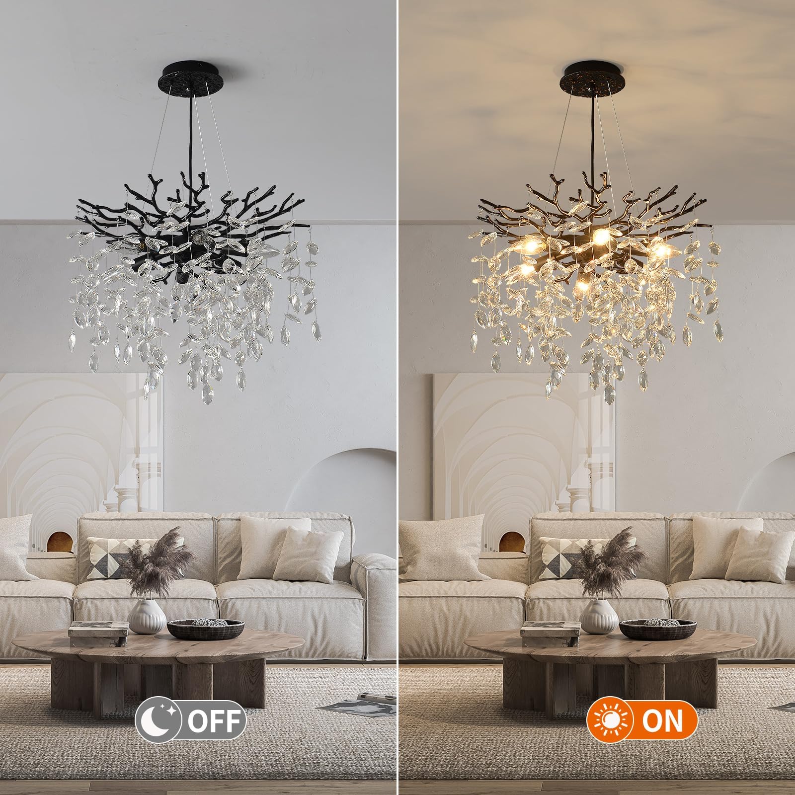 Egm Black Tree Branch Crystal Chandelier, 18 Inch Modern Dining Room Crystal Chandelier 6-Light(E12), Hanging Round Chandeliers