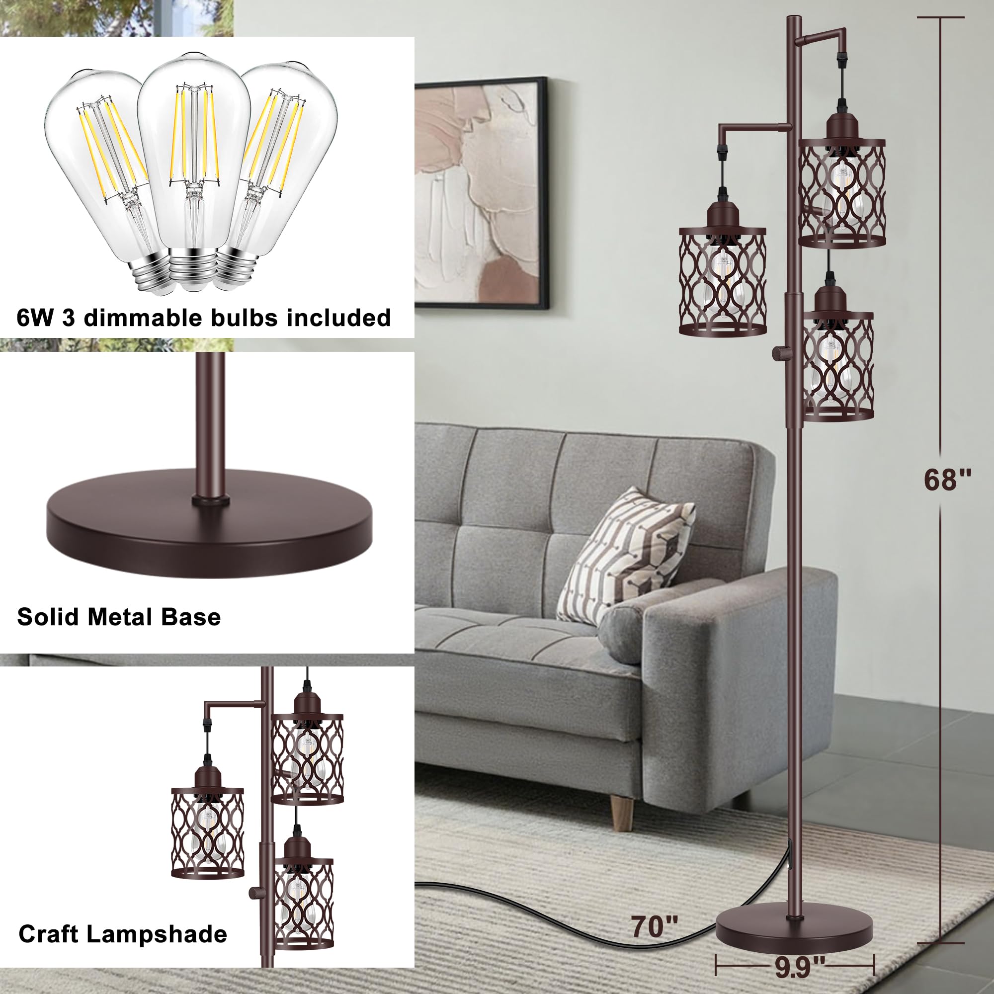 Rottogoon 68 Dimmable Industrial Floor Lamp, 3 Light Rustic Metal Design, Brown, Model Rodlldd24314, Includes 3 Pcs 6W E26 Bul