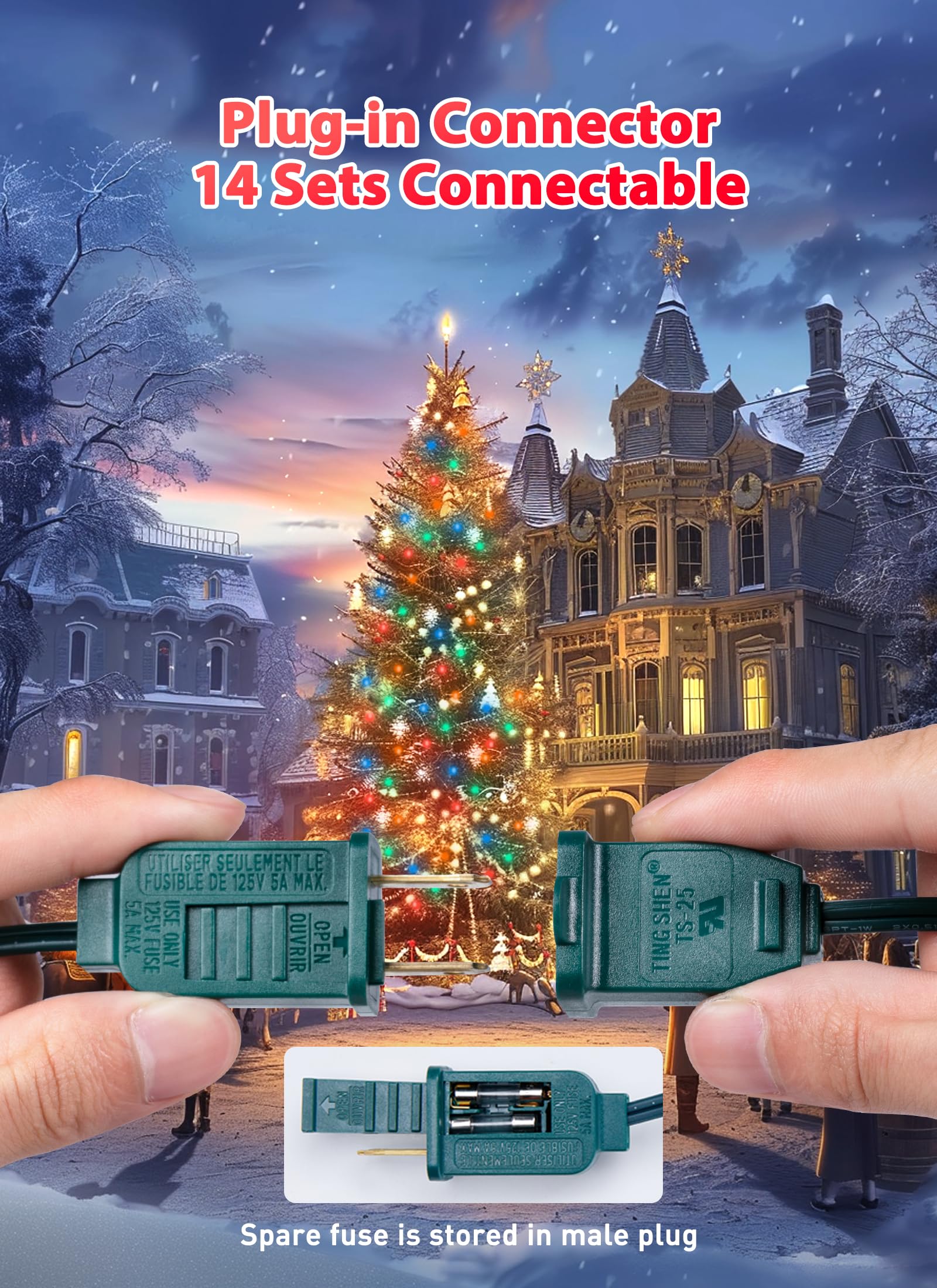 Multicolor C7 Led Christmas Lights Outdoor, 50Ft Colorful Christmas String Lights With 50+2 Plastic Bulbs, Traditional Hanging H